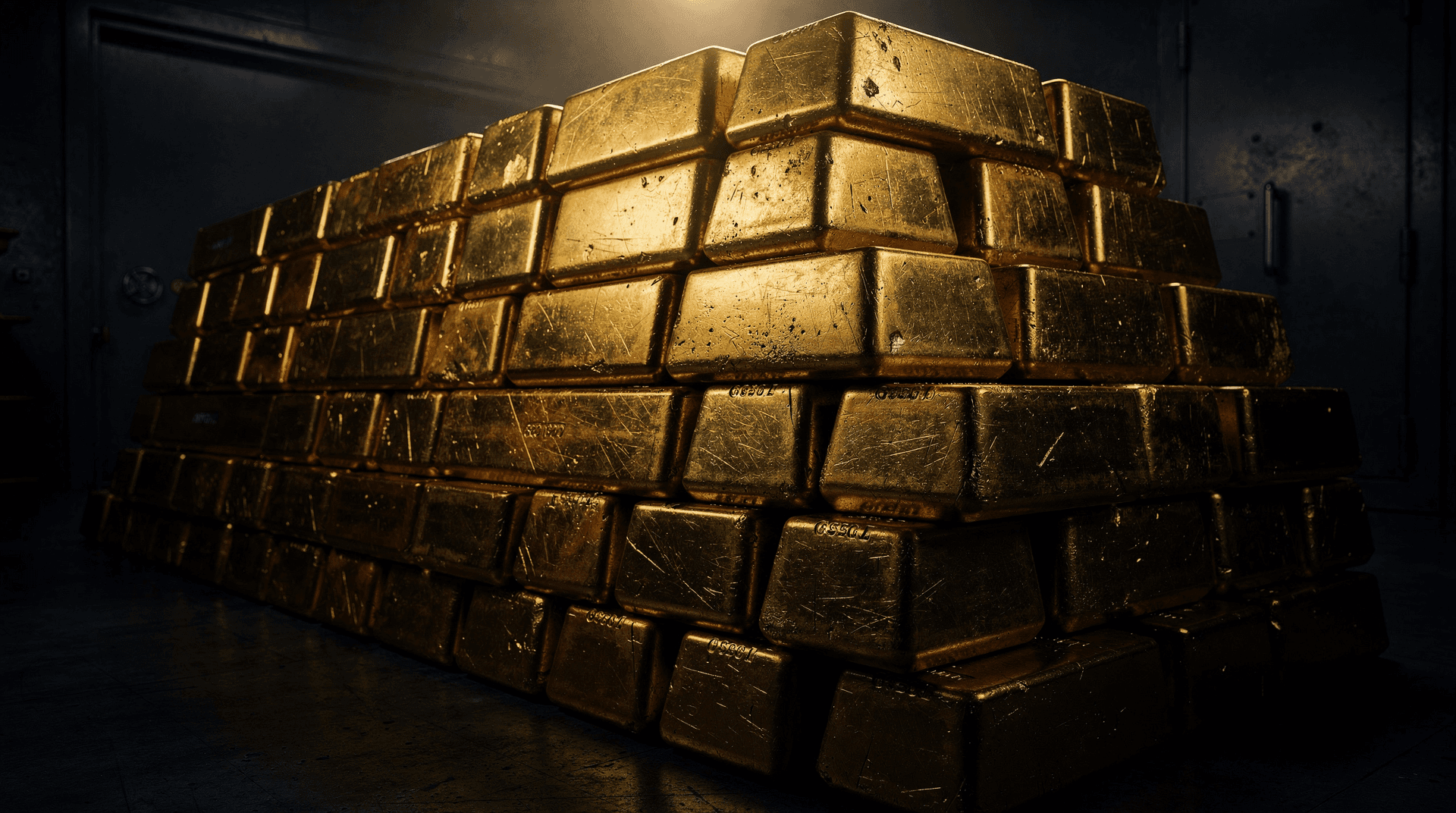 Stacked gold bars glow under dramatic skylight lighting inside a secure vault, silver ingots nearby