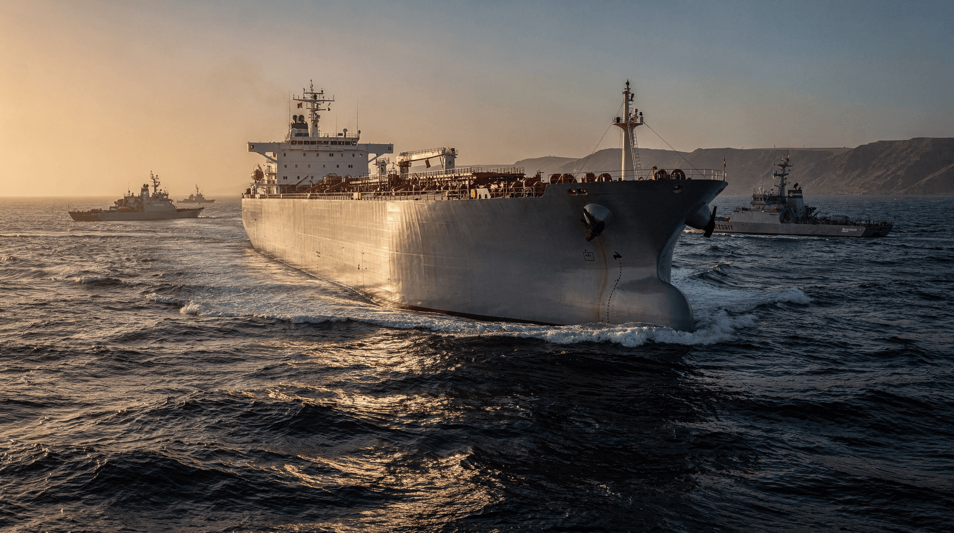 Large oil tanker on rough seas at sunset, flanked by two smaller gray naval ships, with mountains in the background.