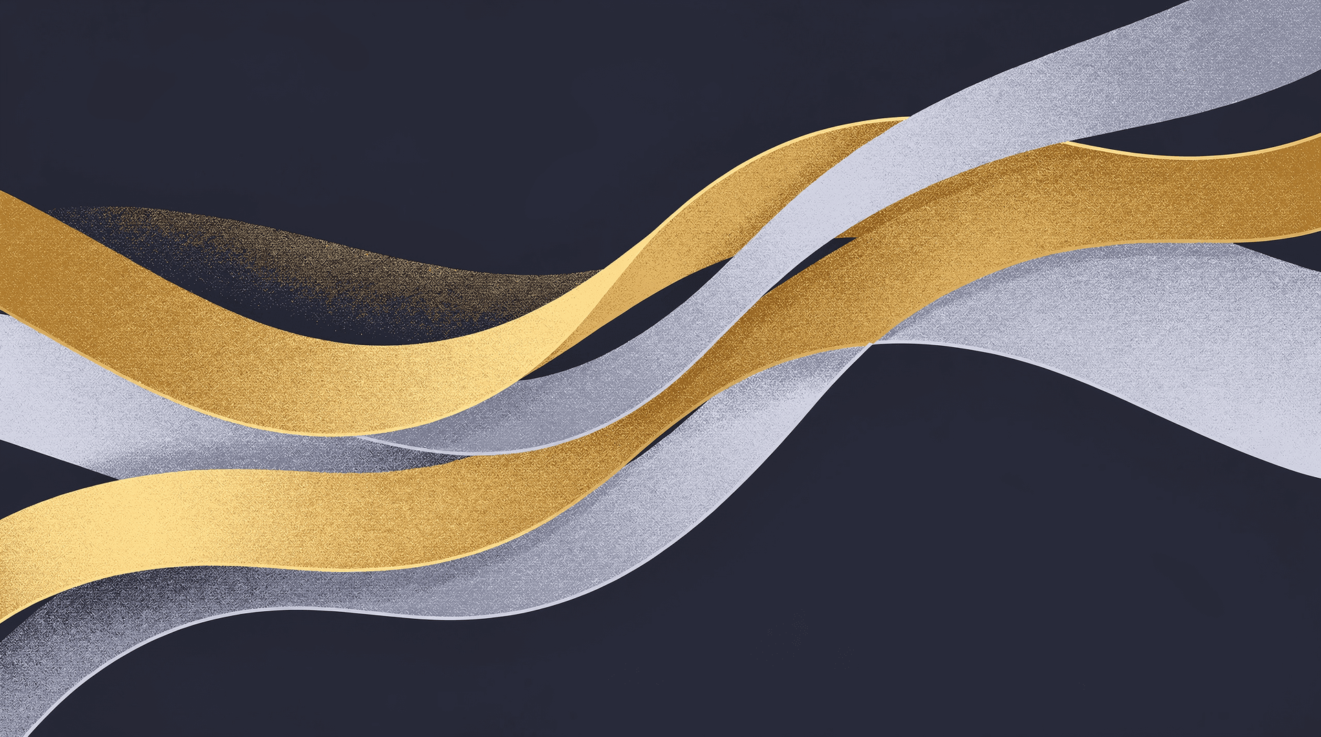 Abstract flowing ribbons of light in navy gold and blue representing institutional flow