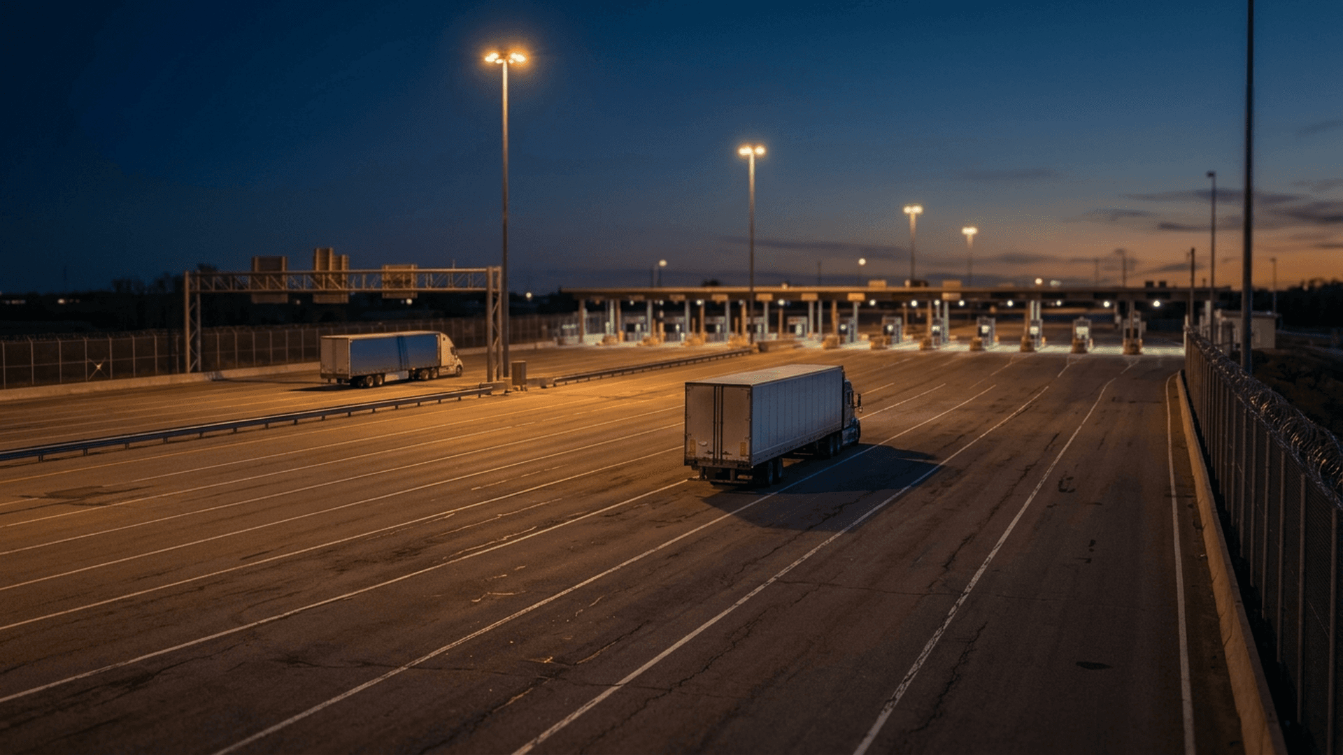 Two semi-trucks crossing a border checkpoint at dusk in the freight lanes