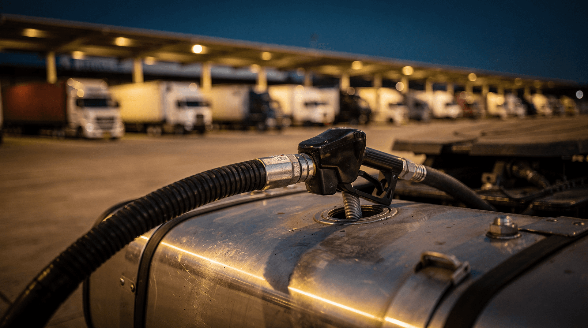Diesel nozzle fueling a semi-truck at dusk in a freight yard with trucks blurred behind