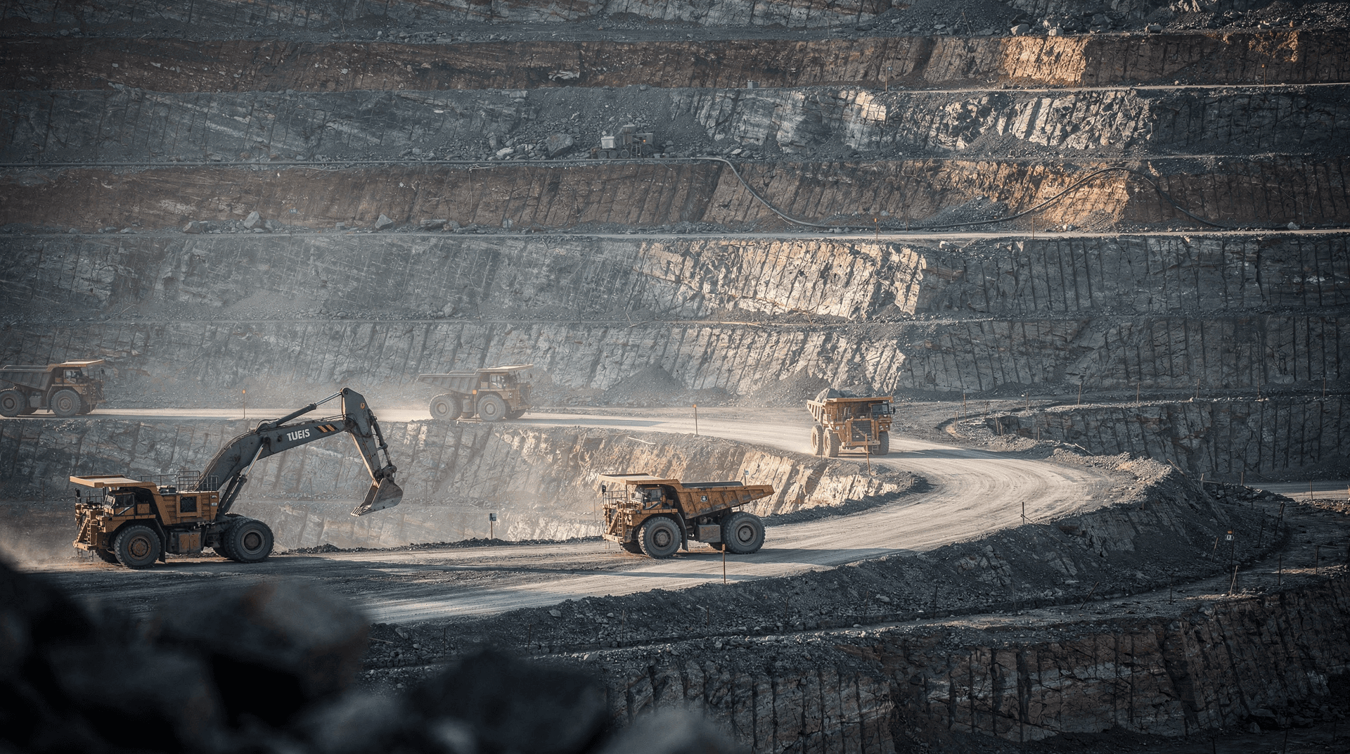 Open-pit lithium mine terraces with mining equipment