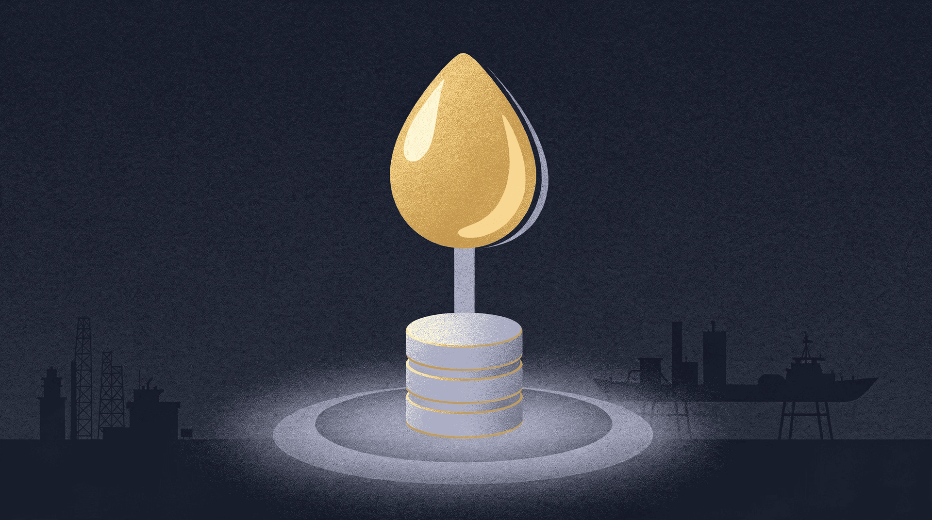 A stylized golden oil drop trophy on a pedestal, spotlighted against a dark background with silhouettes of oil rigs and a ship.