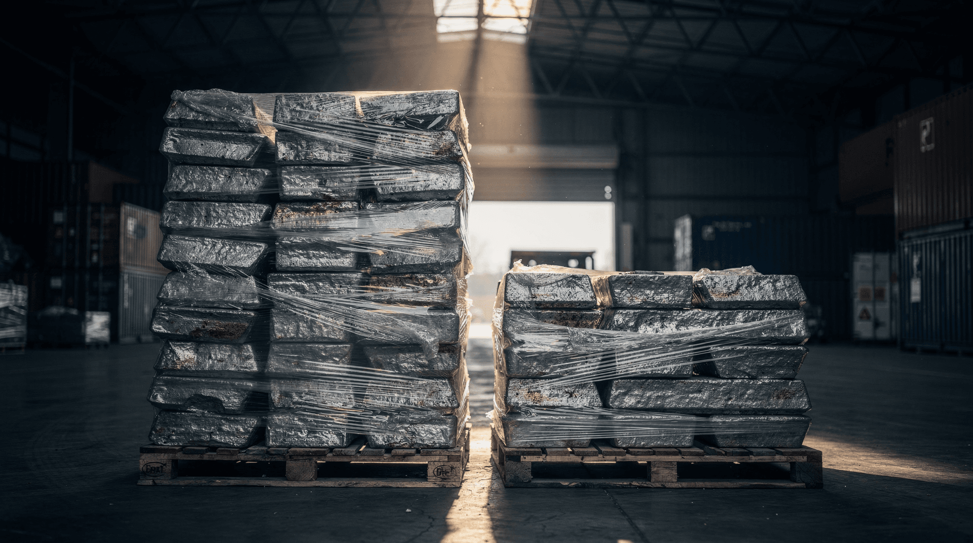 Uneven stacks of wrapped metal ingots on warehouse pallets beside shipping containers under a shaft of light