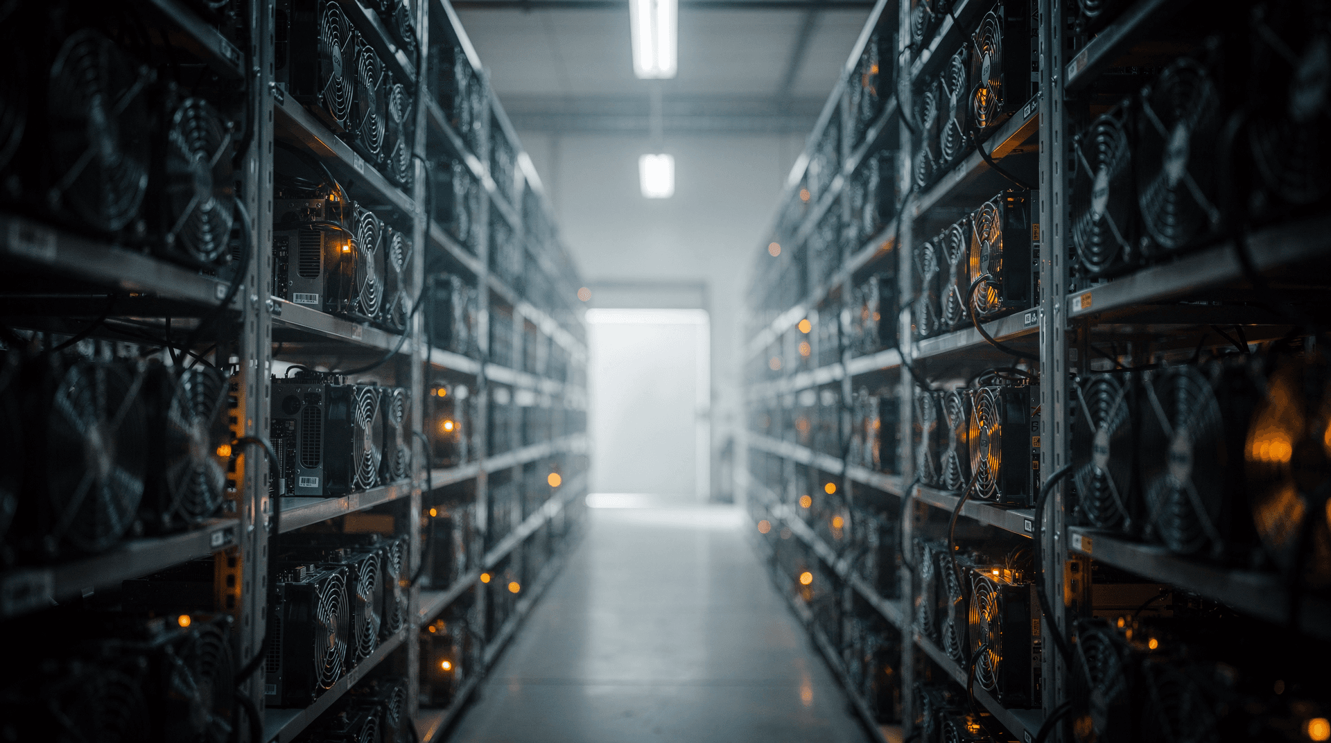 Rows of dark cryptocurrency mining rigs with glowing orange lights, stretching down a dimly lit industrial hall to a bright opening.