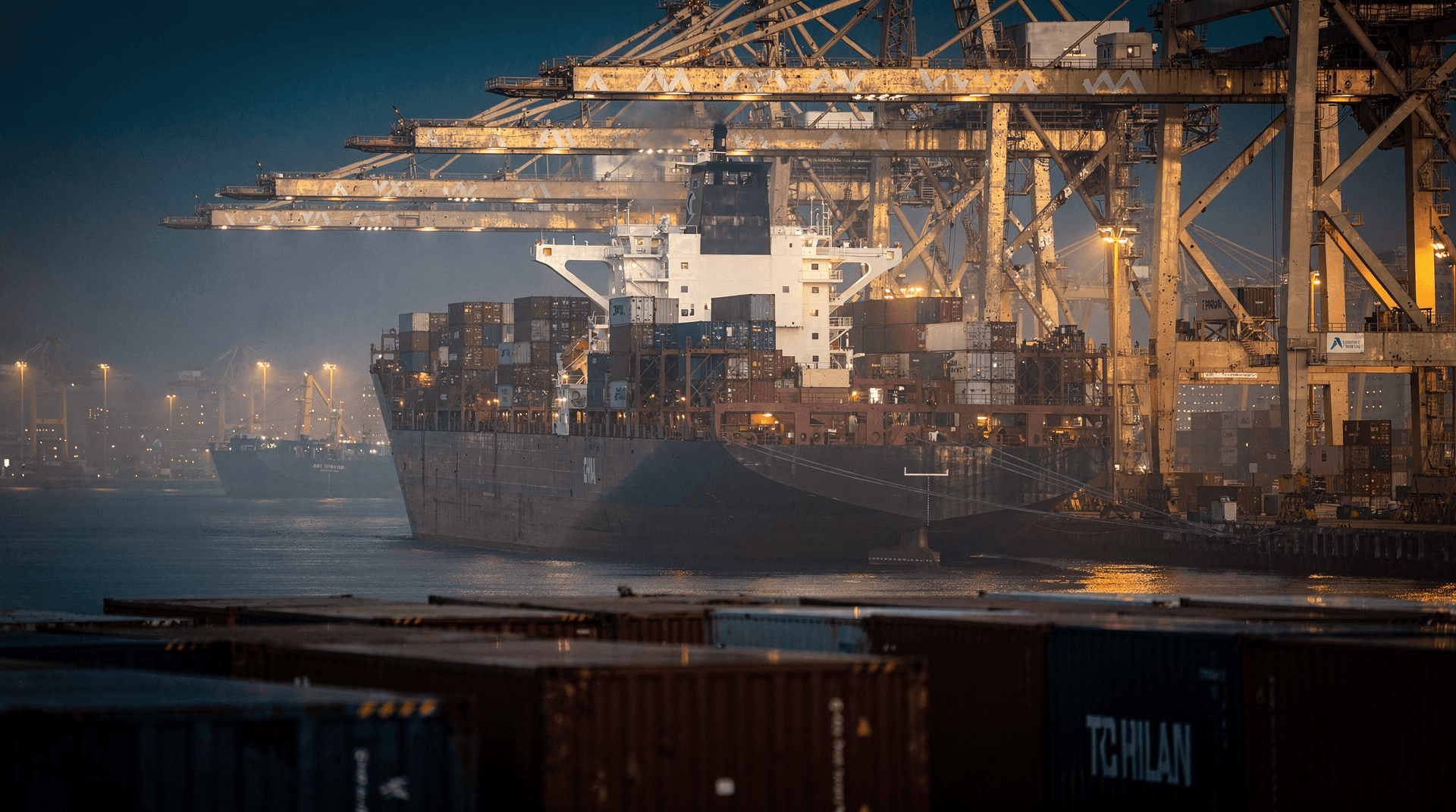 Container ship at anchor beneath dockside cranes in dusk haze, stacked containers in the foreground