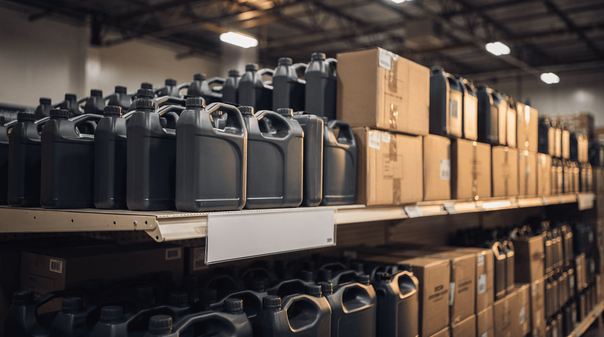 Warehouse-store aisle with stacked plastic motor oil bottles and several empty shelf slots under warm overhead light.