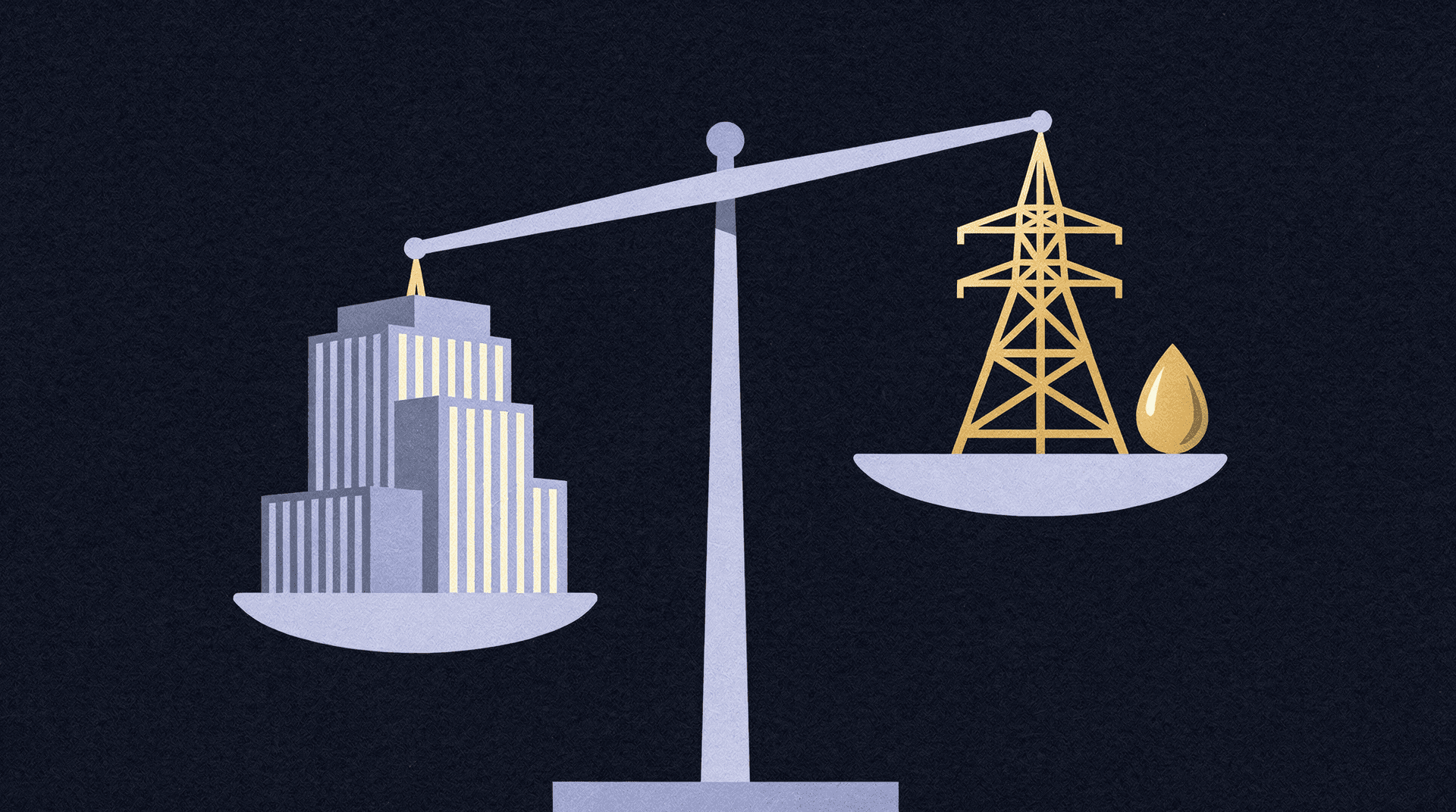 A stylized balancing scale with office buildings on the left pan and a power pylon and oil droplet on the right pan, with the right side lower.