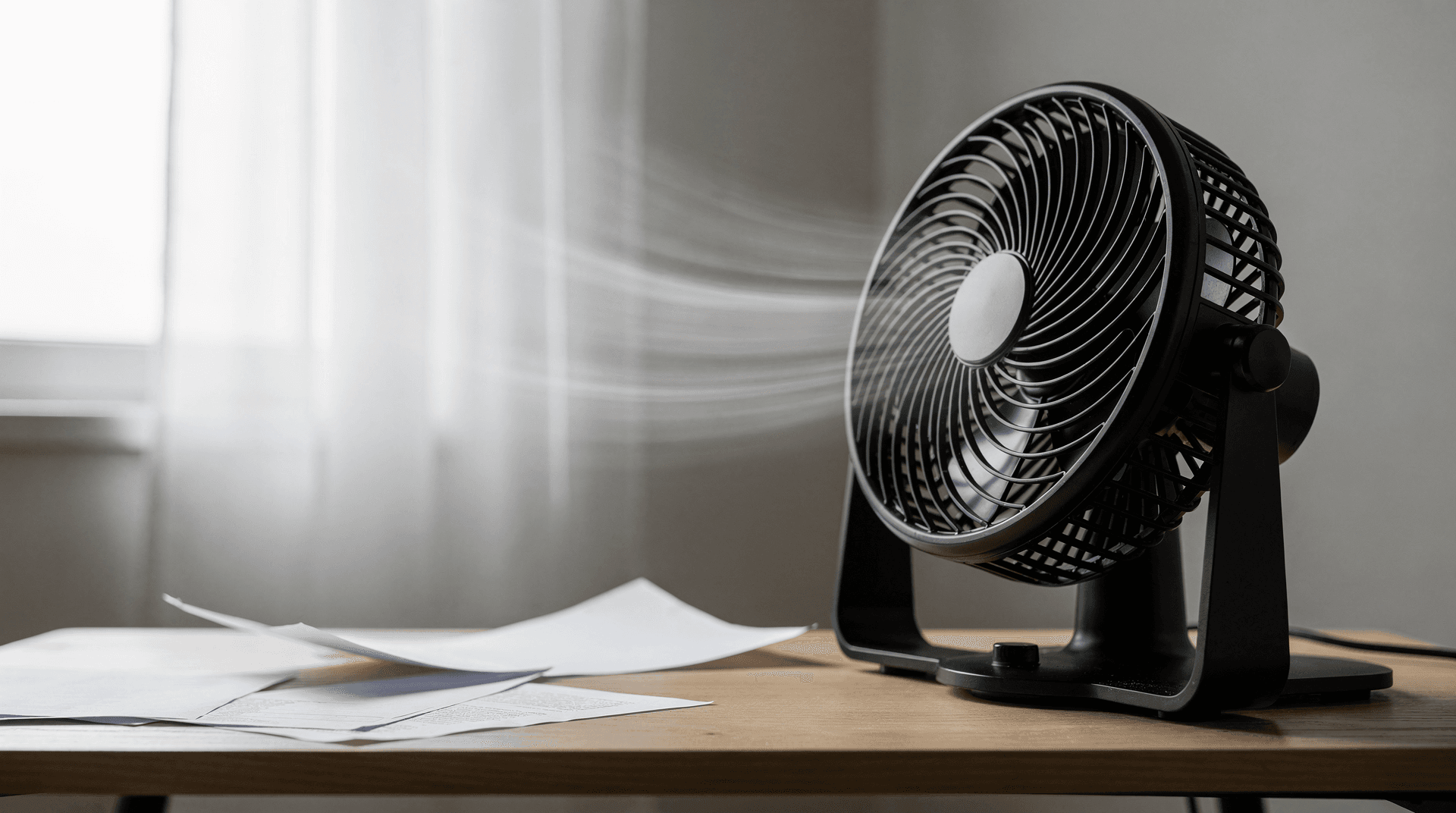 An electric fan on a wooden desk blows air, indicated by wavy lines, towards scattered papers, with a bright window behind.