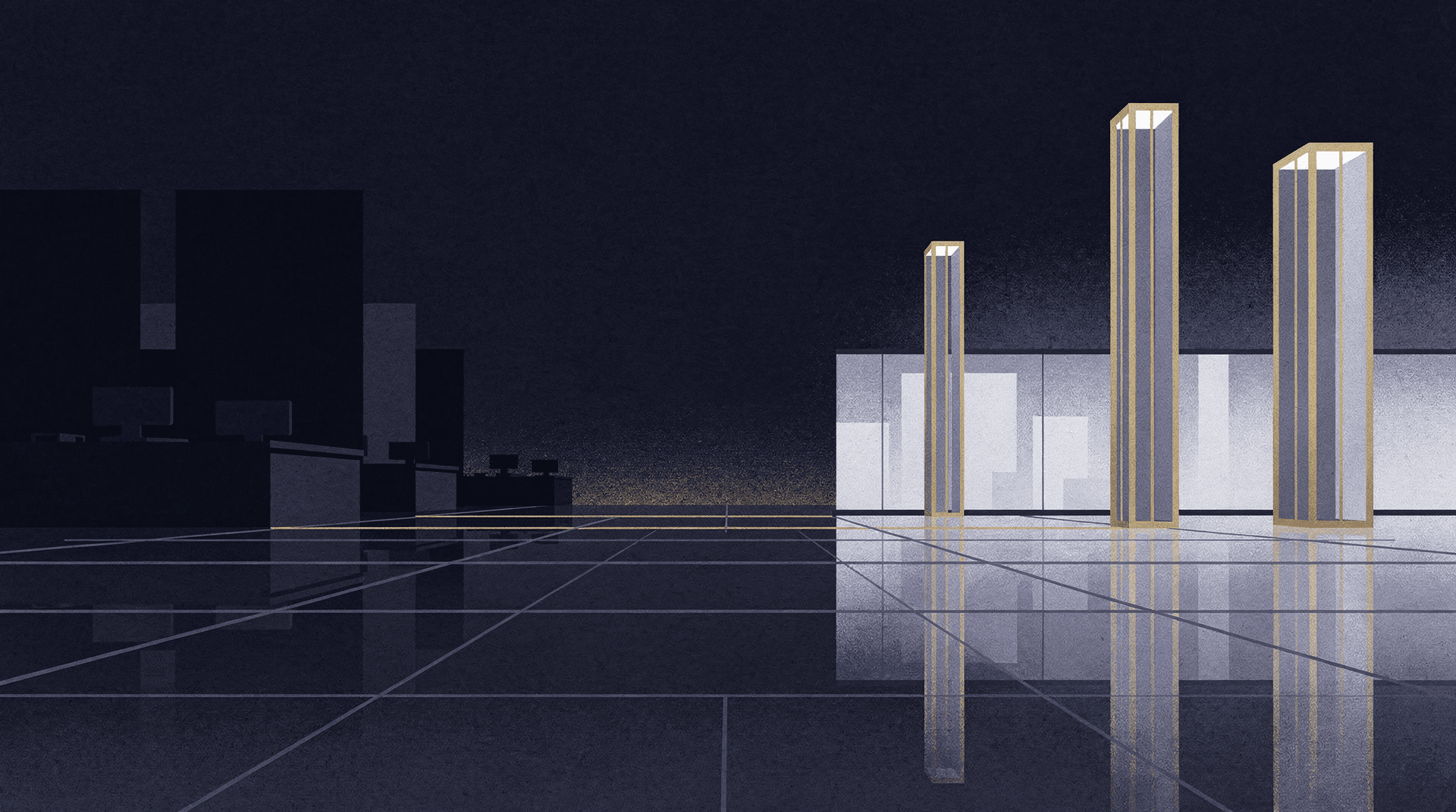 An abstract, low-light image of a dark room with a grid-patterned floor, featuring tall, gold-outlined pillars on the right, resembling a modern office space.