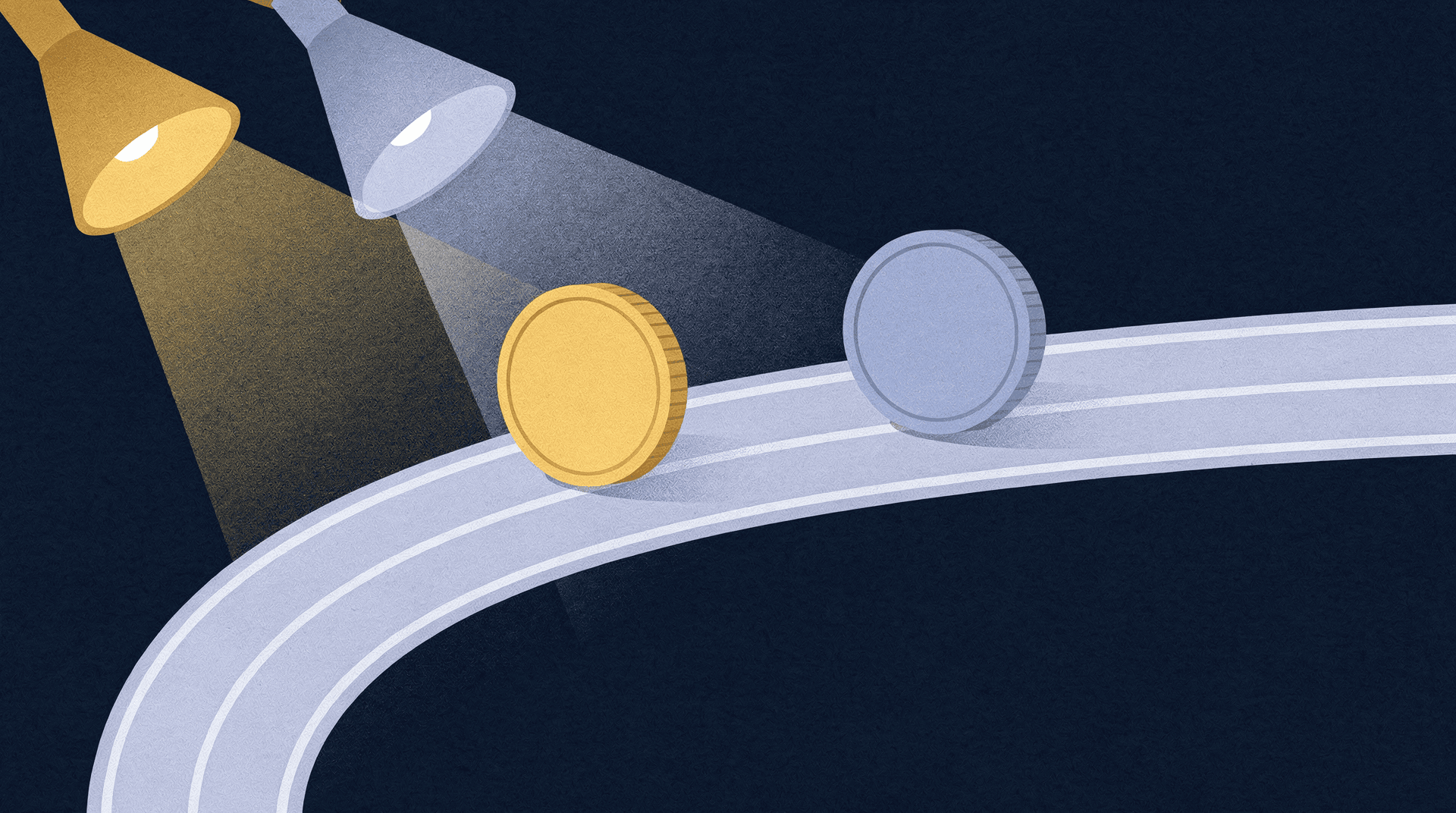 Illustration of a gold coin and a silver coin rolling along a curved, multi-lane track, illuminated by two desk lamps.