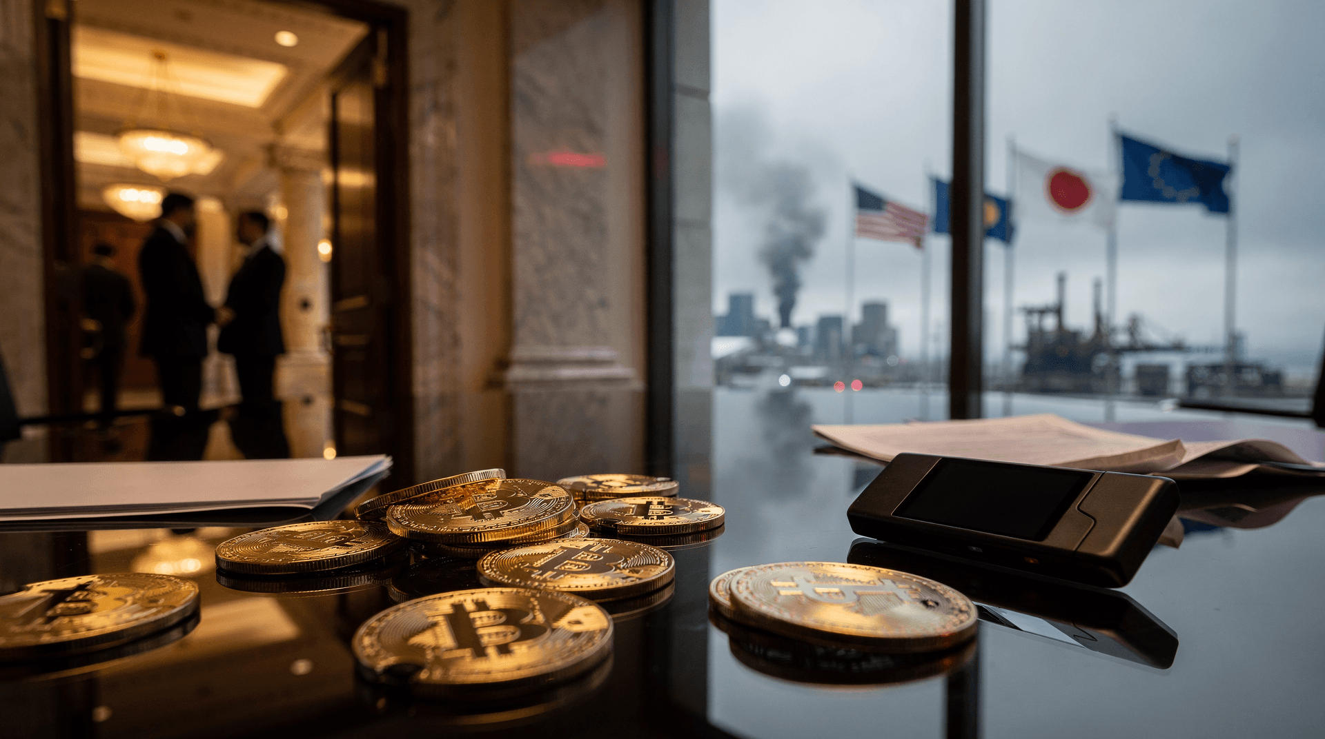 Bitcoin coins on a shiny table, with a blurred view of men in suits indoors and flags of nations, smoke, and industry outside a window