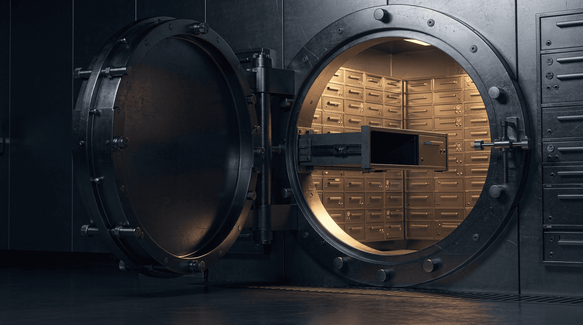 Bank vault with two round steel doors, one closing in shadow and one open in golden light