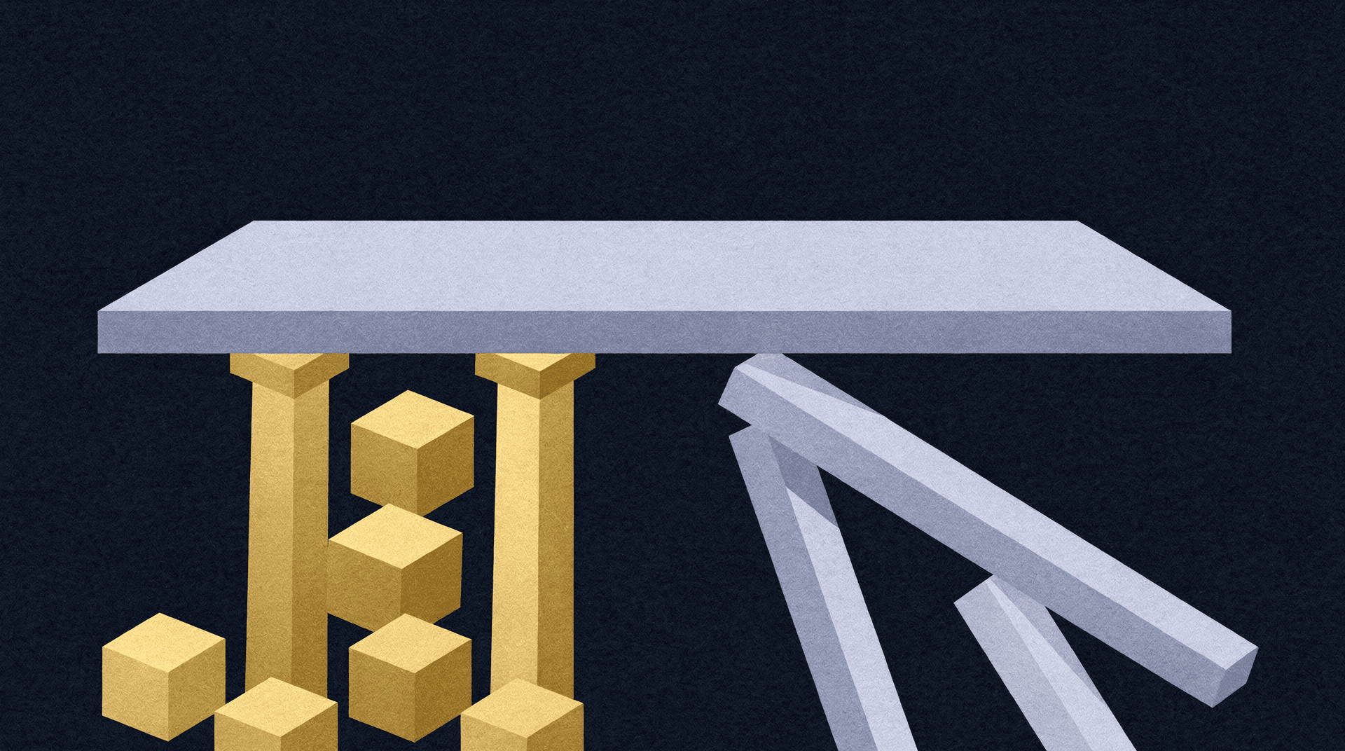 A light grey slab supported on the left by golden pillars and cubes, while on the right, light grey beams have fallen.
