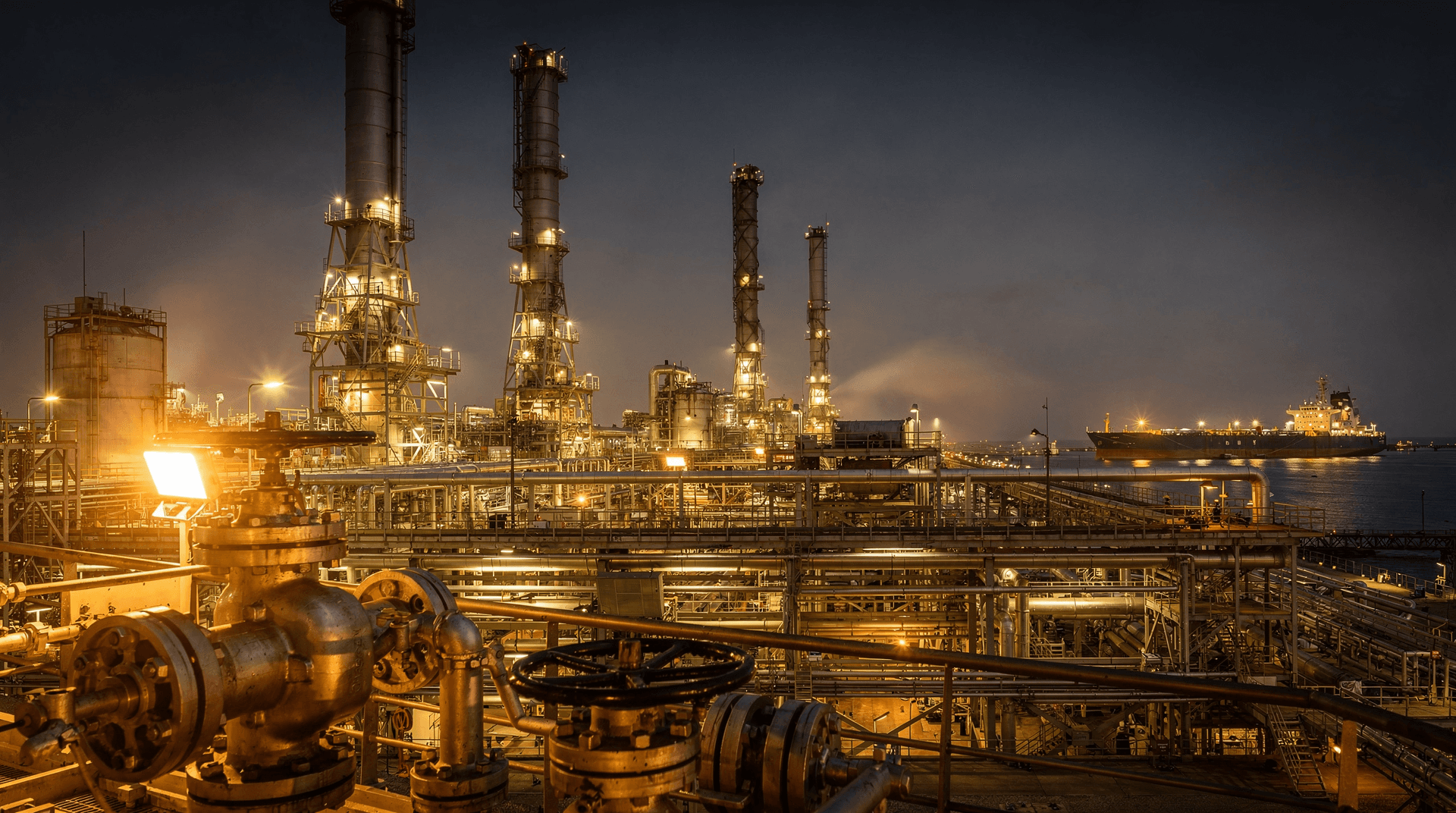 Oil refinery with distillation towers and a tanker at berth under a dark sky