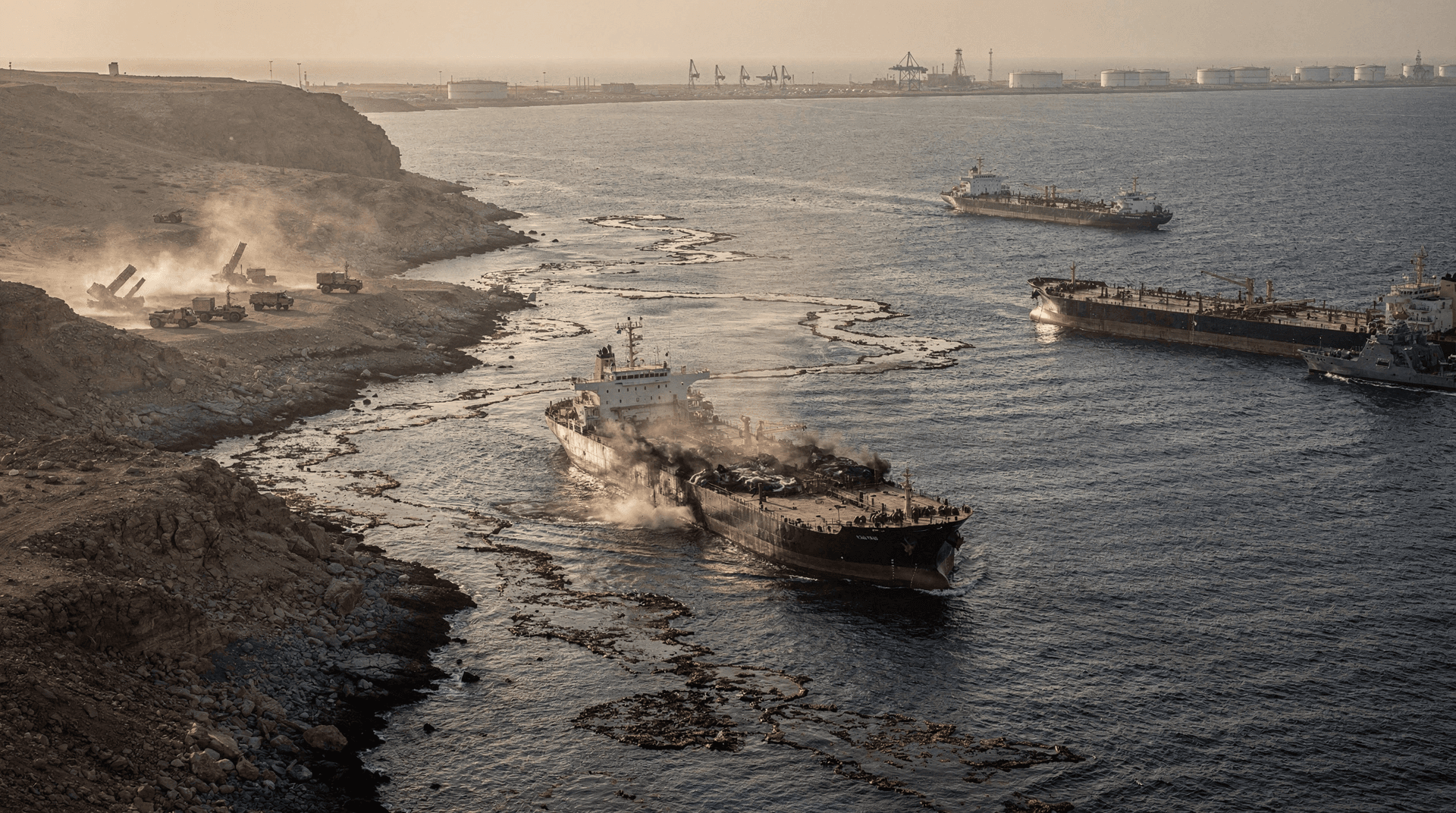 An aerial view shows a burning oil tanker trailing smoke near a rocky coast with military vehicles and missile launchers, and other ships.