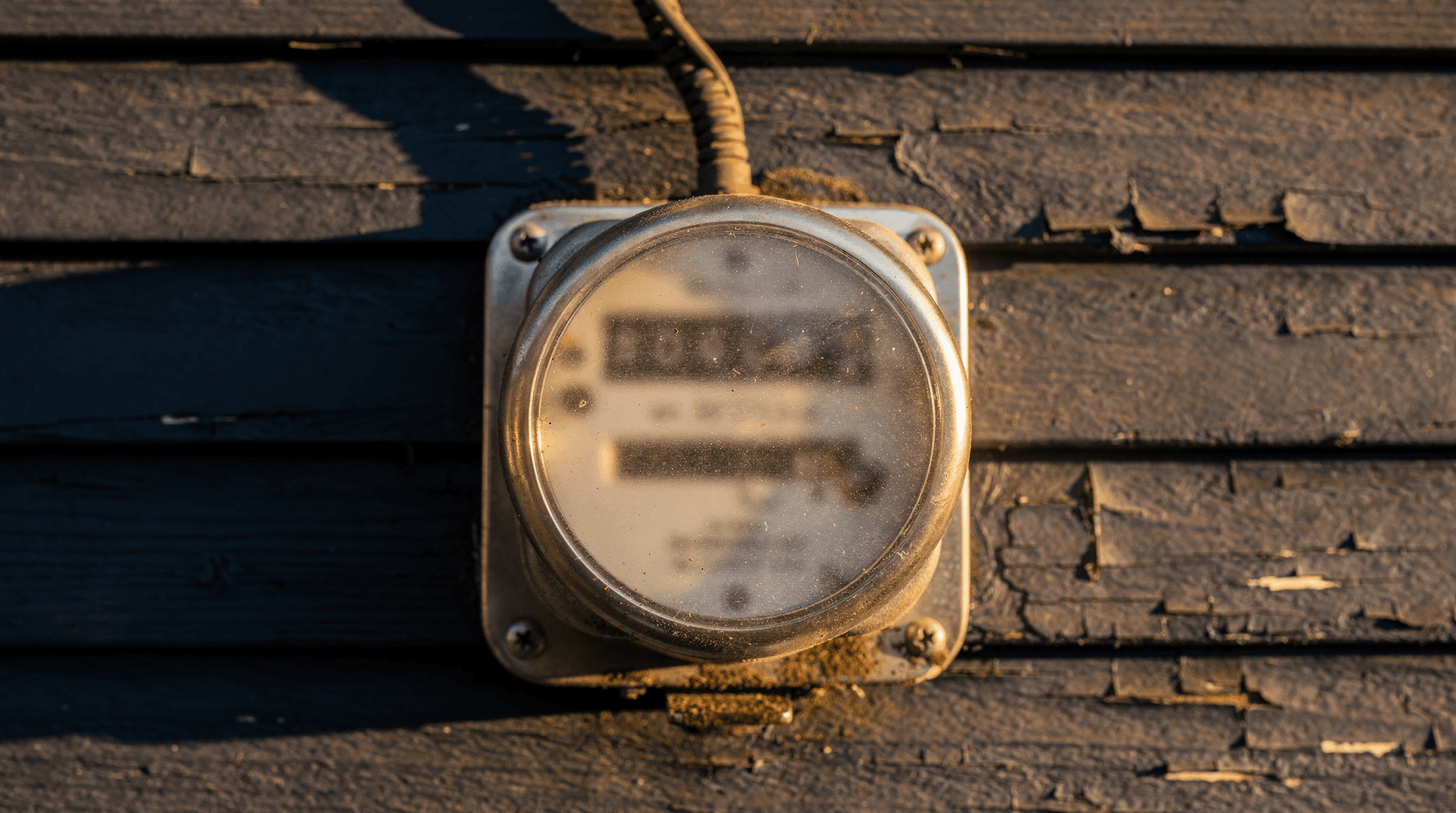 Close-up of a house-side electric meter with a softly lit dial, no numerals visible, in warm dusk light.