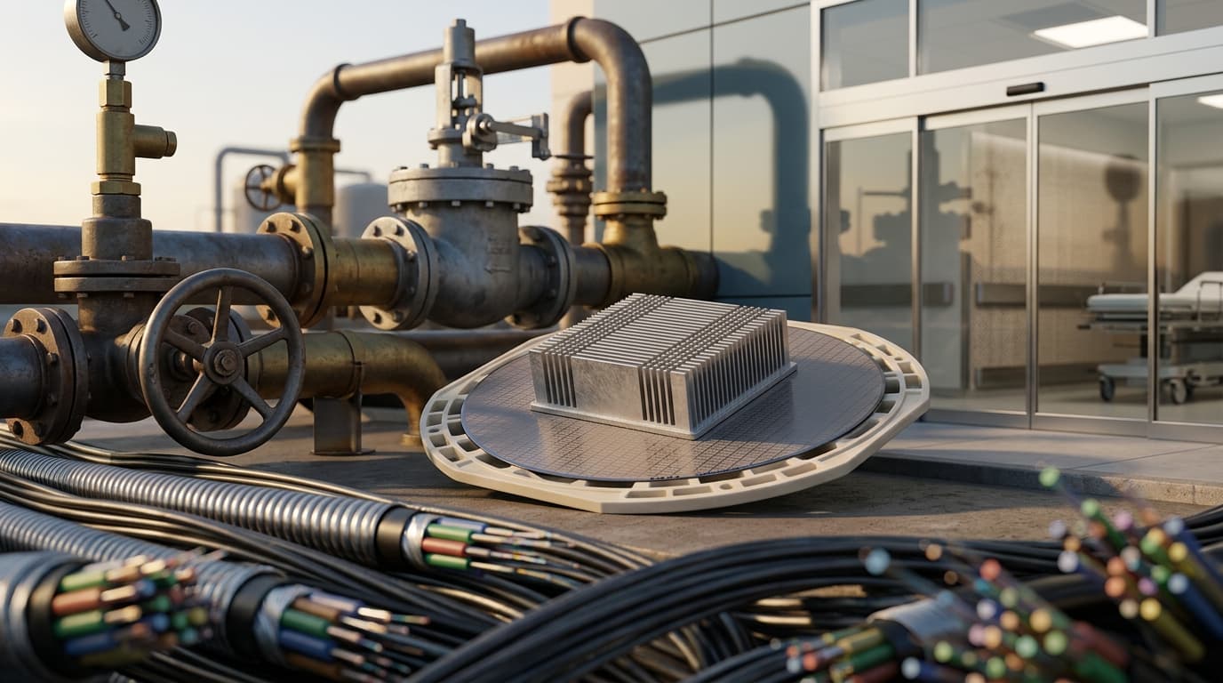 Industrial pipes and valves, a silicon wafer with a heat sink, fiber optic cables, and the entrance to a hospital