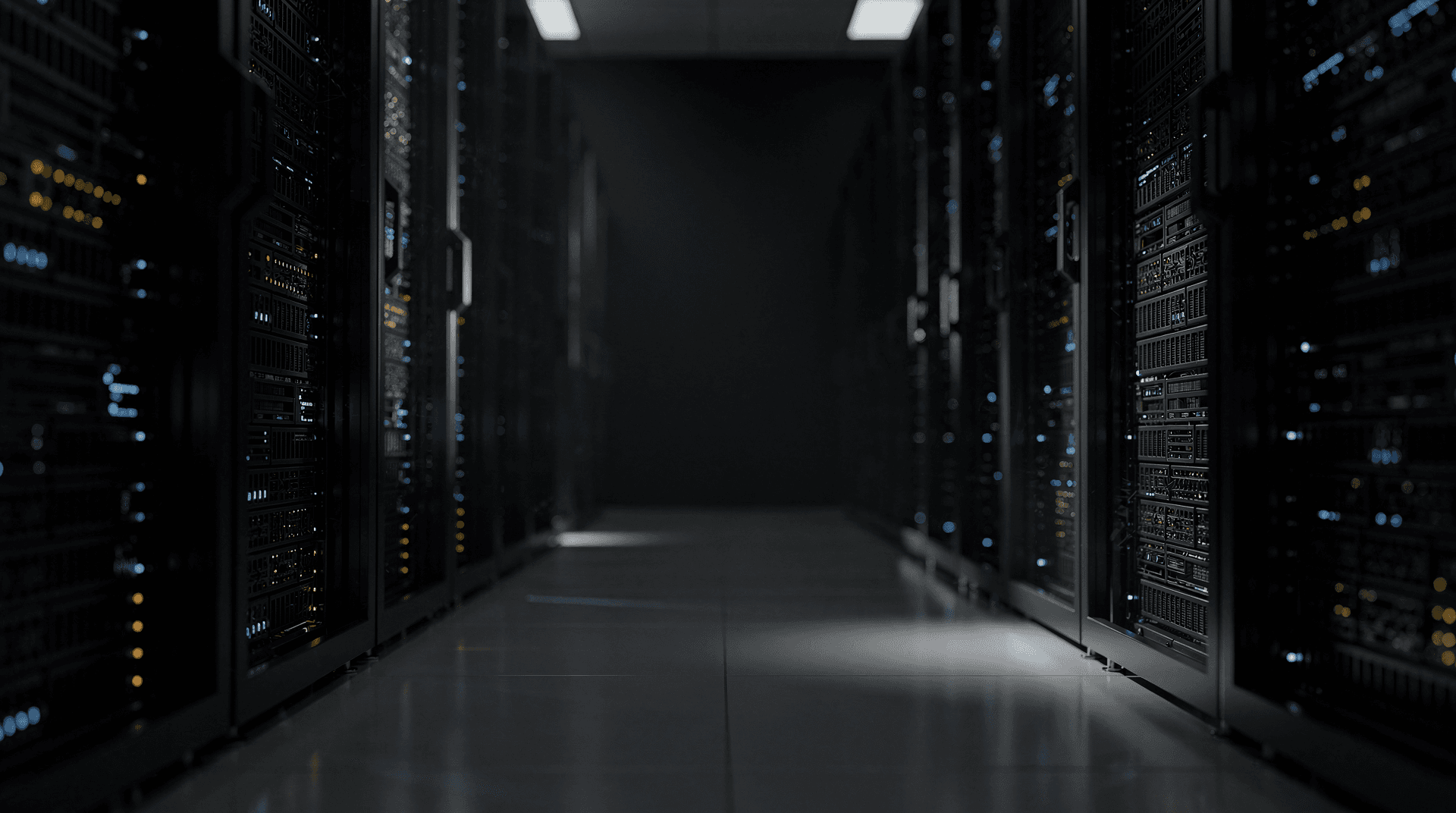 Modern data center server aisle with glowing rack lights