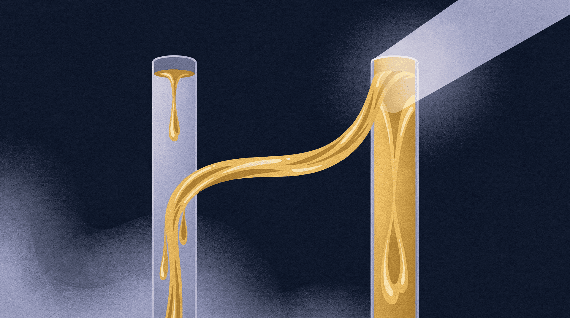 Illustration showing golden liquid flowing from a vertical translucent pipe on the left into a taller one on the right, which is full.