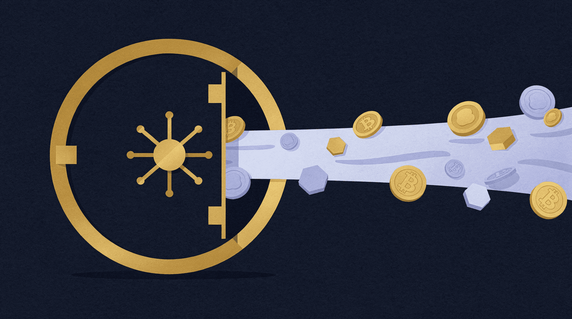 Illustration of golden vault door with bitcoin and other crypto tokens flowing out on a light blue path against a dark blue background.