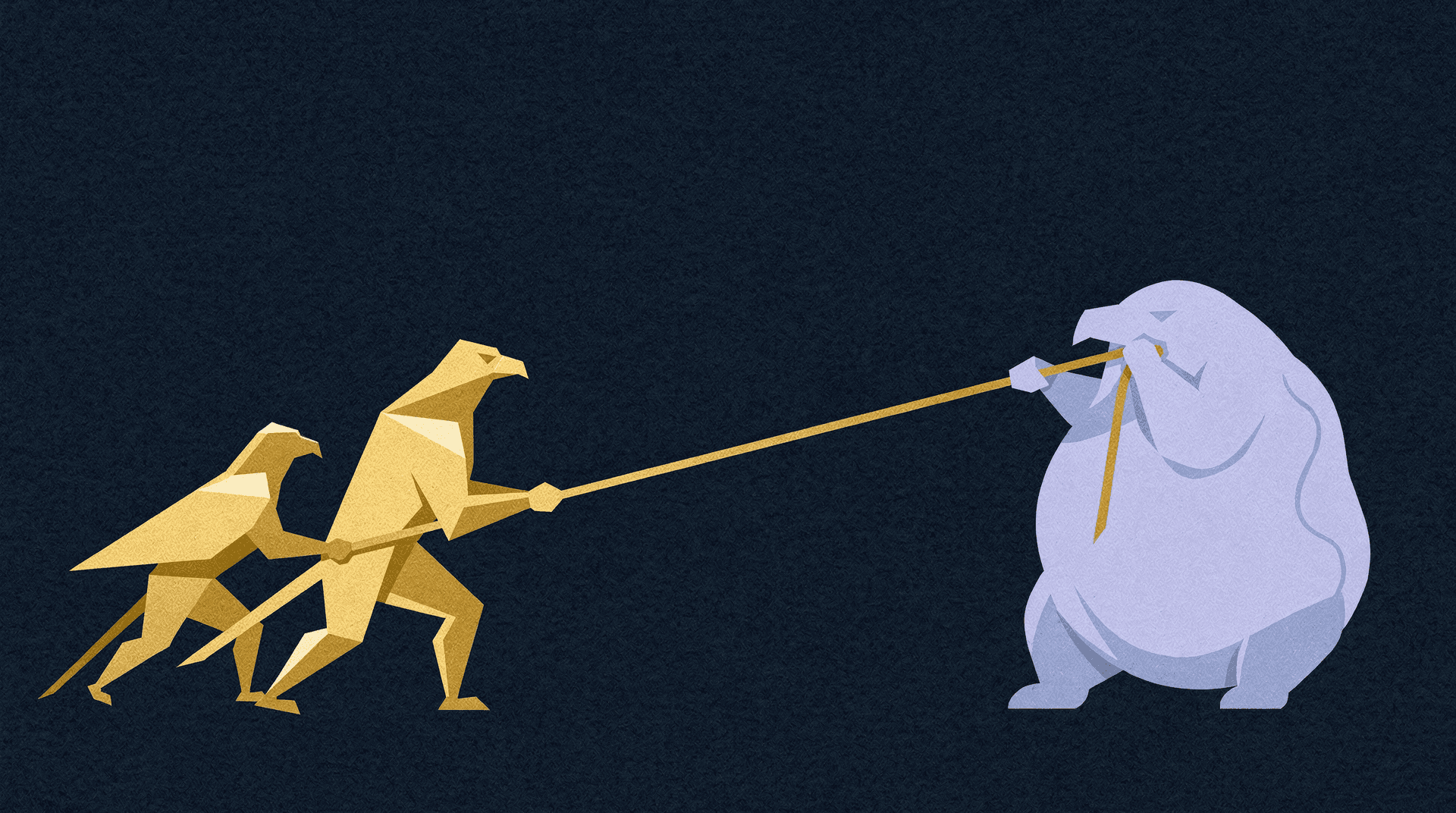 A stylized illustration depicts two golden, hawk-like figures pulling a rope in a tug of war against a single, large, light blue, bear-like figure.