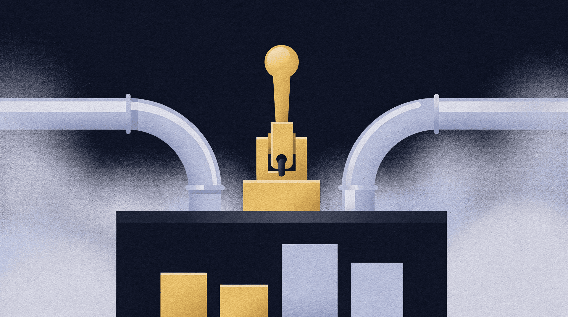 A stylized illustration of a golden lever mechanism positioned between two light blue pipes, with a bar chart below, all against a dark background.