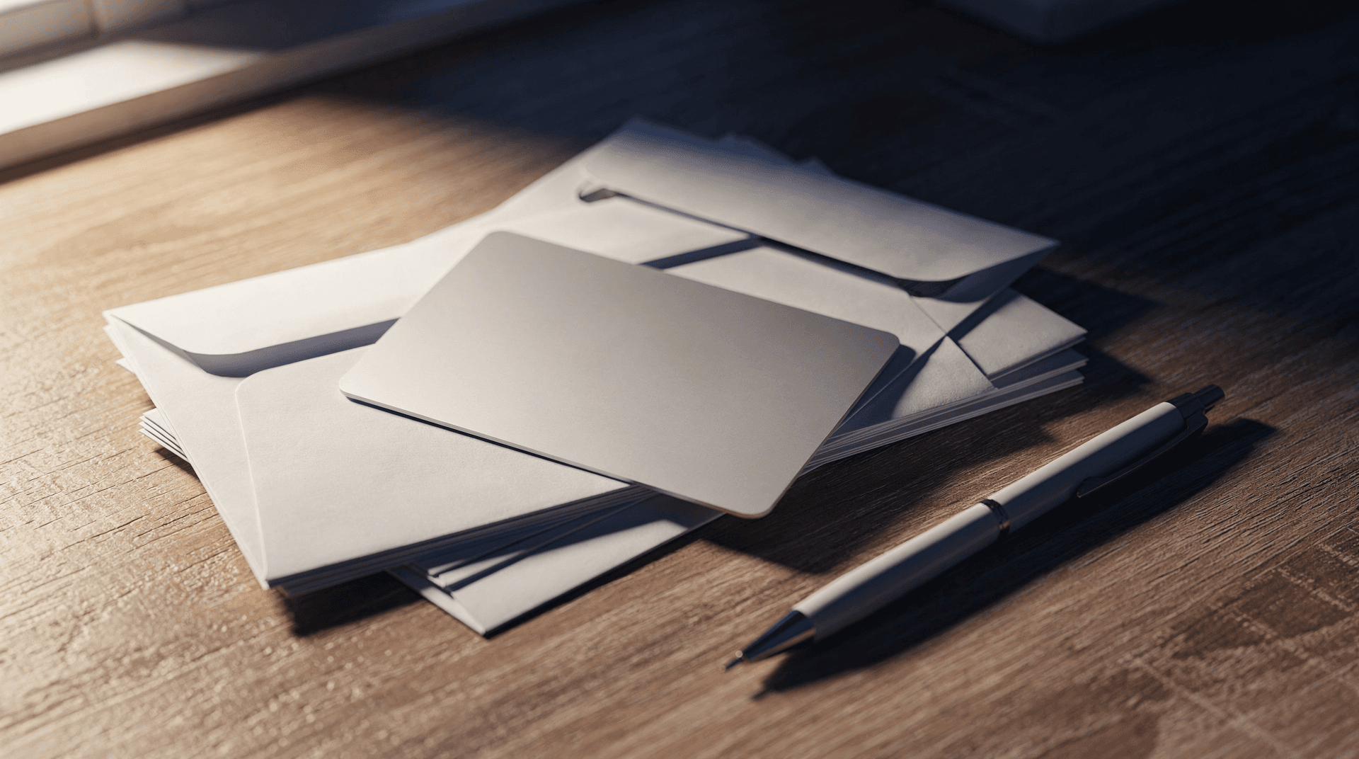 A blank credit card lies atop a stack of unopened bill envelopes on a softly lit kitchen table.
