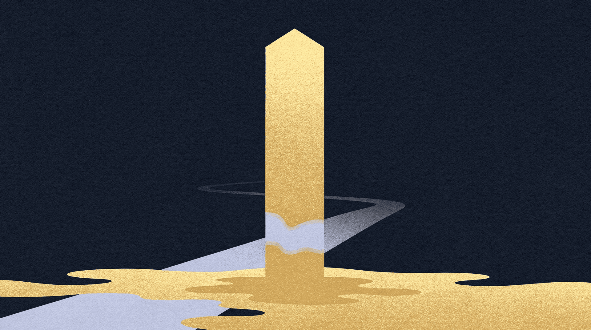 An abstract illustration featuring a tall, golden rectangular pillar with a pointed top, emerging from a pool of golden and light-grey liquid, against a dark blue background. A winding light-grey path extends behind the pillar.