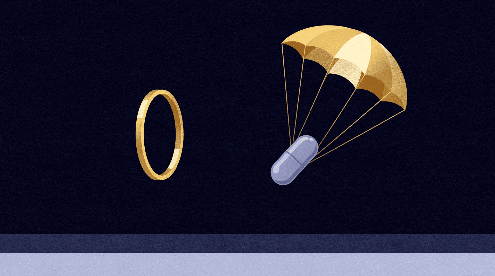 An illustration with a golden '0' on the left and a blue pill descending with a golden parachute on the right, against a dark blue background.