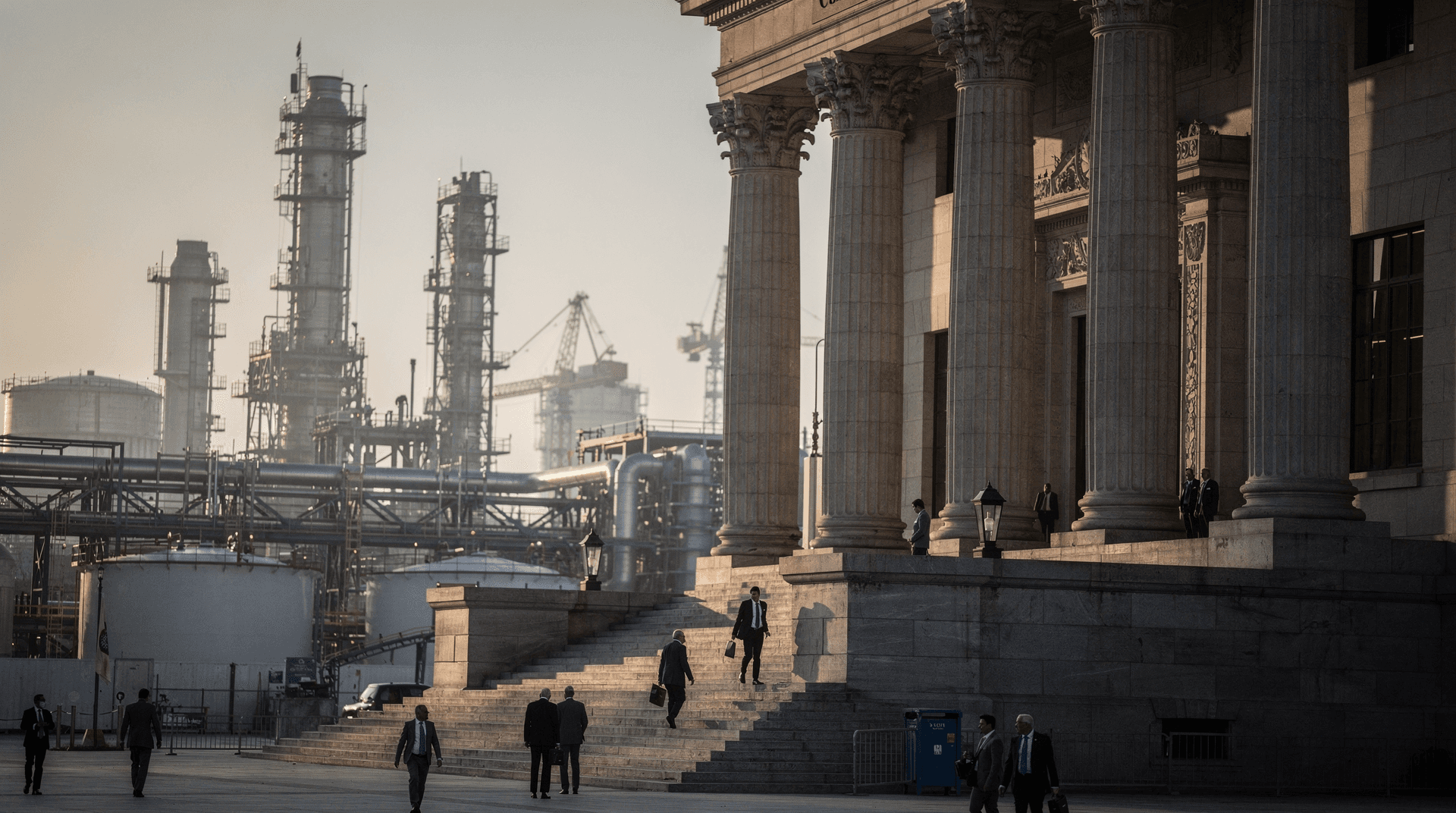 People walk on steps of a classical building with large columns, industrial refinery with tall towers and tanks in the hazy background