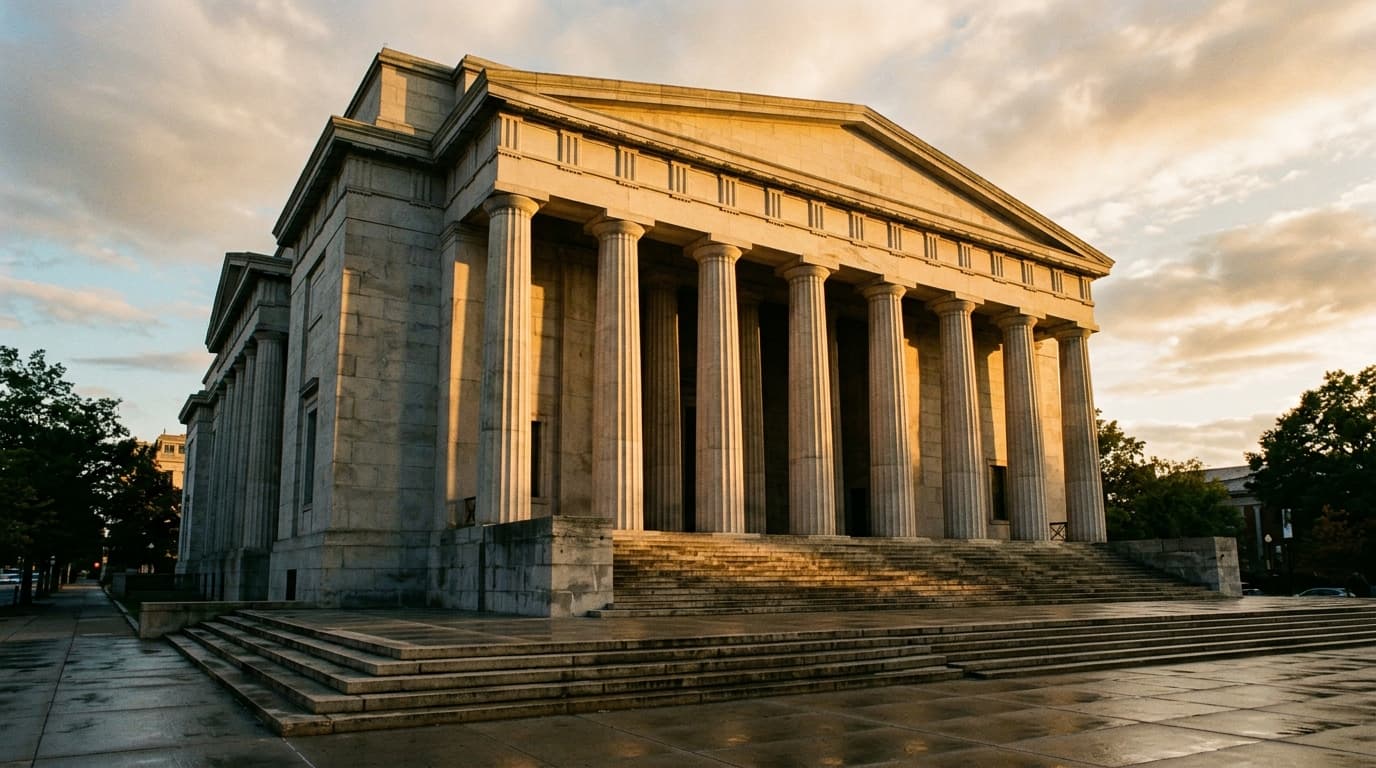 A large, imposing neoclassical-style building with a grand staircase and numerous pillars, bathed in the warm light of a cloudy sunset.
