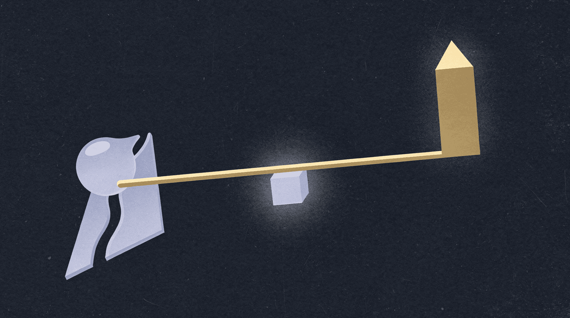 An abstract illustration depicting a gold lever balanced on a light grey cube. On the left, a stylized light blue shape with a spherical top sits on the lever. On the right, a tall gold block with a pointed top rests on the lever, extending upwards. The background is dark blue with a subtle texture.