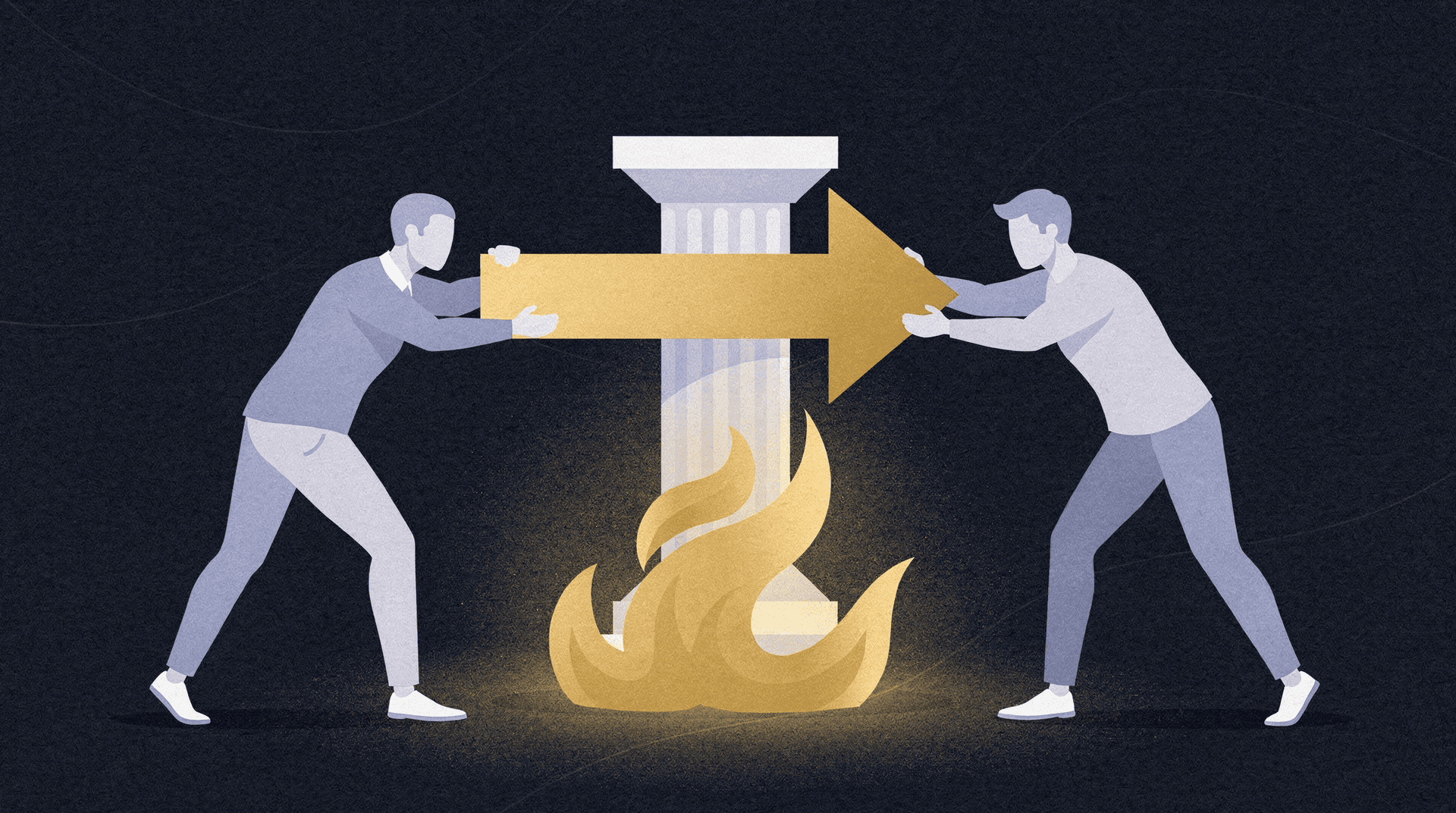 Two stylized figures push a golden arrow in opposite directions, centered on a white pillar with golden flames at its base.