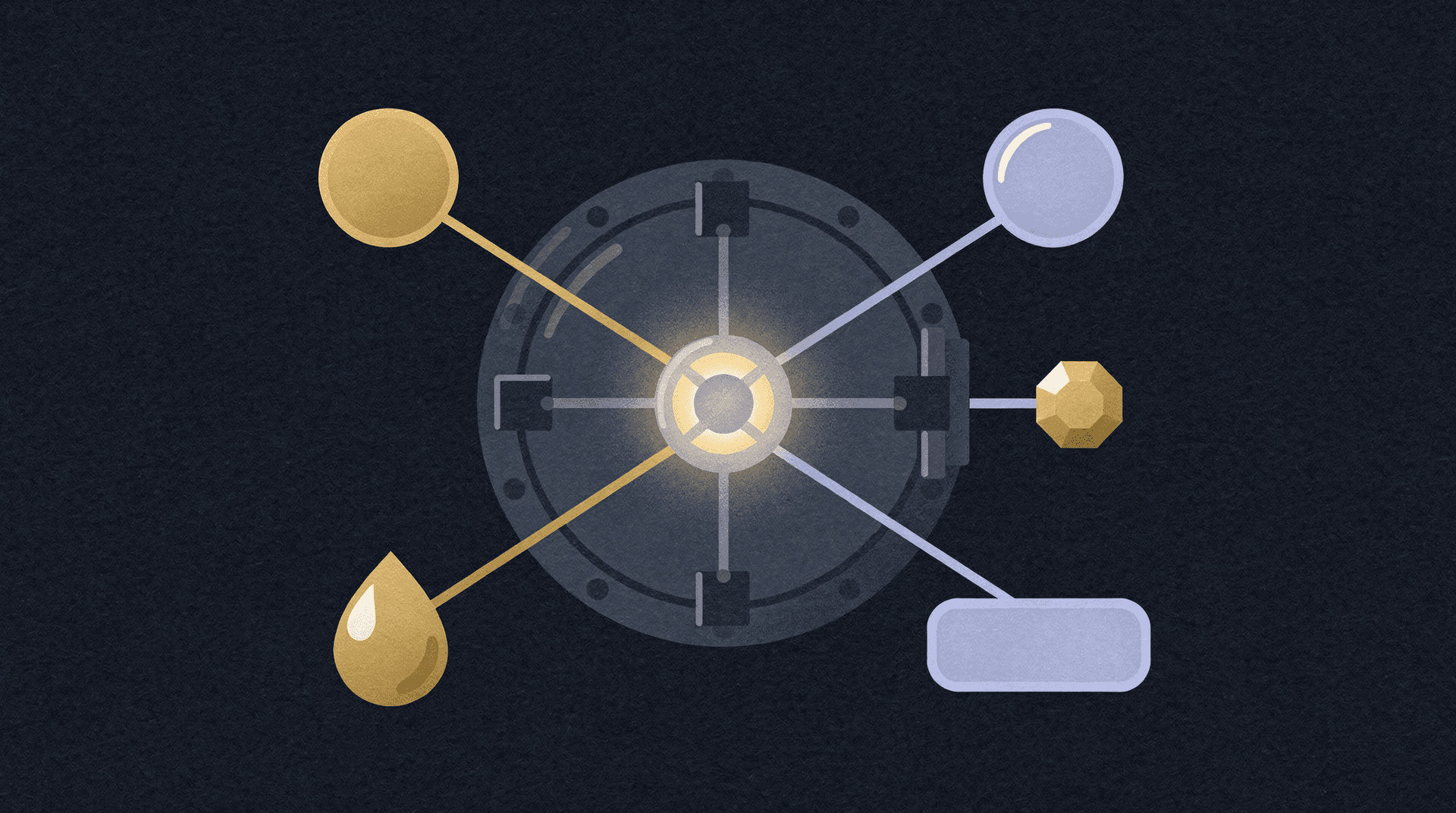 A stylized vault door, glowing at its center, connected by lines to various financial symbols like a coin, oil drop, and gem.