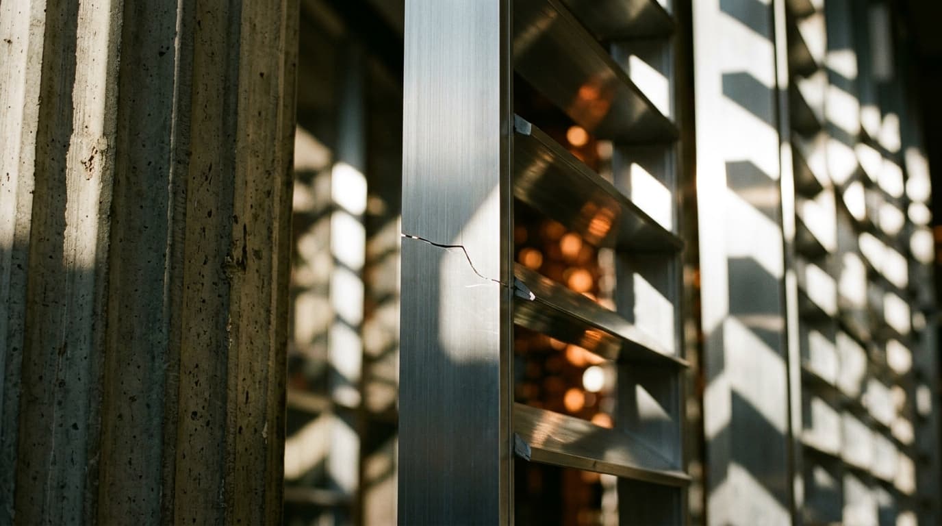 Close-up of a fluted concrete pillar on the left, and a metal structure with a visible crack on the right, lit by dappled sunlight.