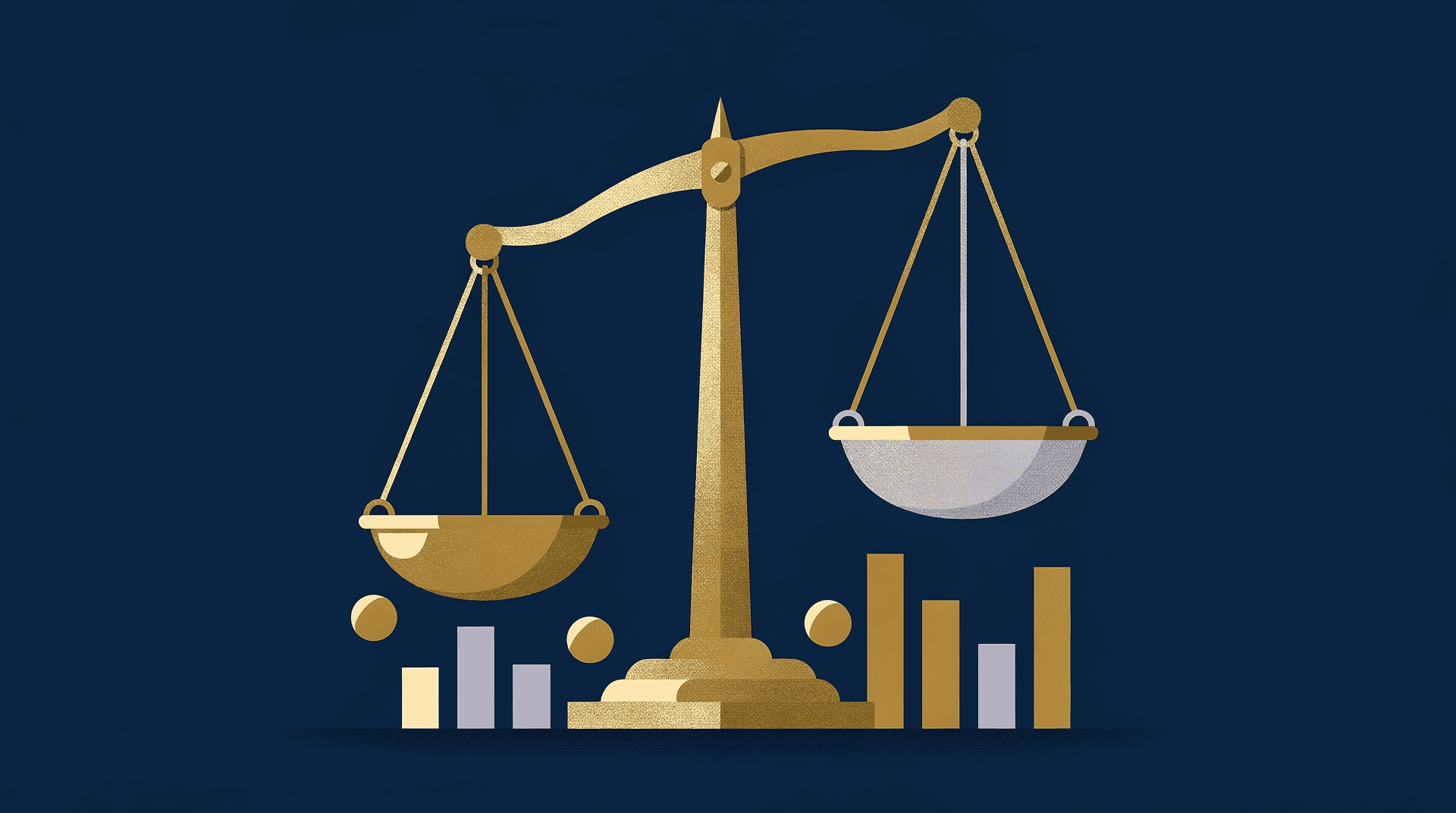 Brass balance scale with one side heavier, symbolizing tightening on a deep navy background