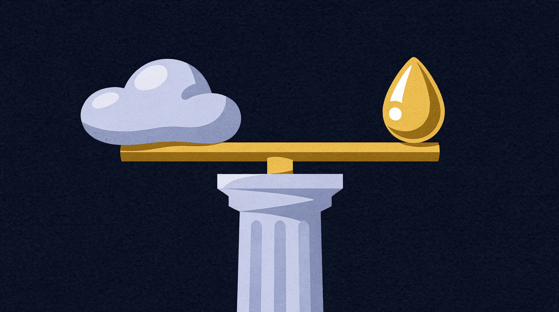 Illustration of a cloud and a golden droplet of oil balanced on a golden scale beam atop a white classical column against a dark background.