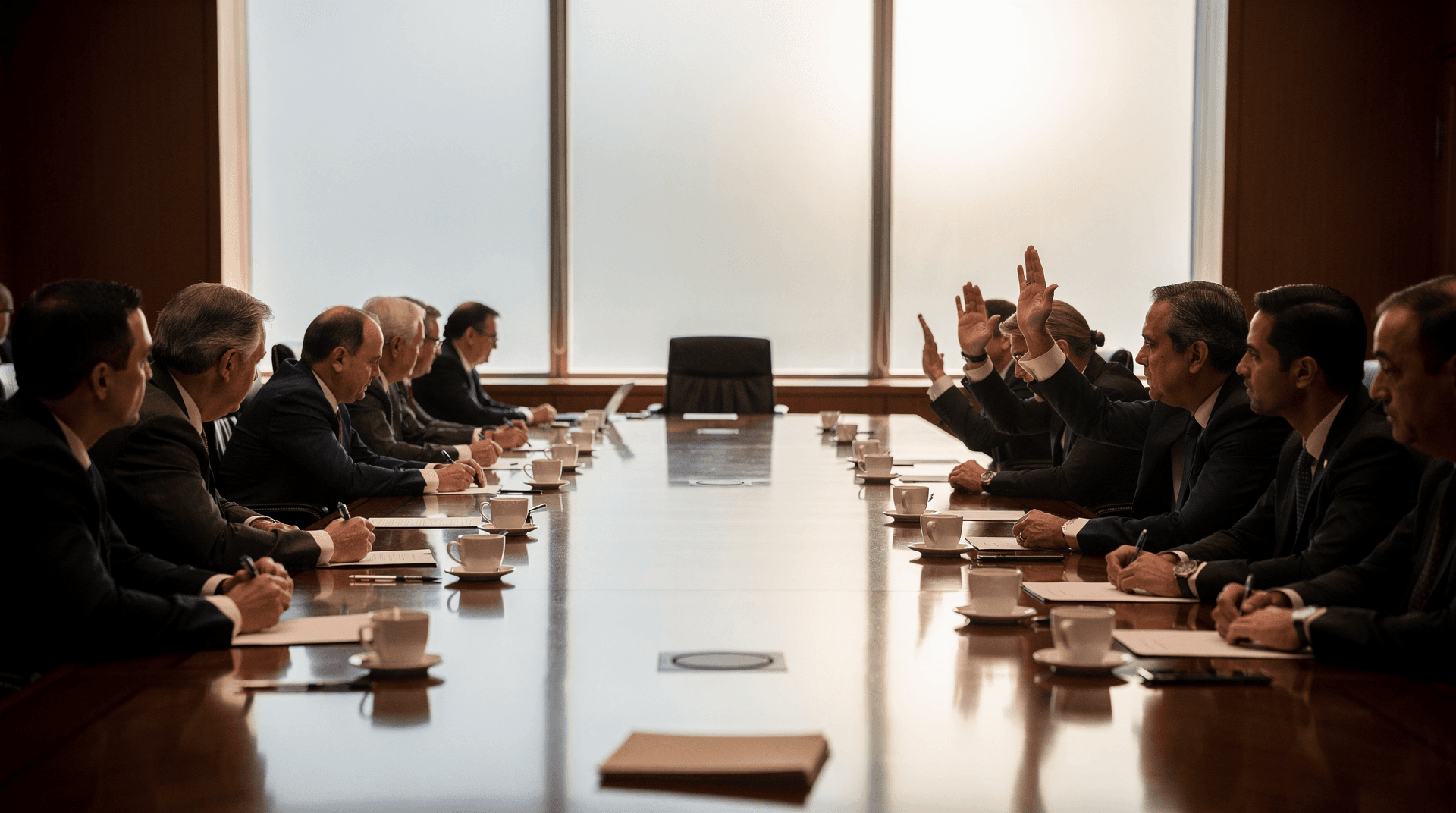Several people in suits sit at a large polished conference table; some on the right side have their hands raised as if voting.