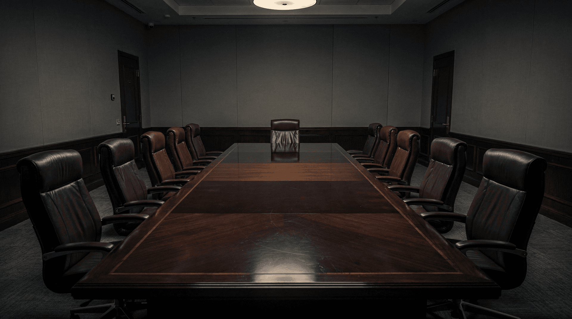 A long, dark wood conference table surrounded by empty brown leather chairs in a dimly lit, formal boardroom.