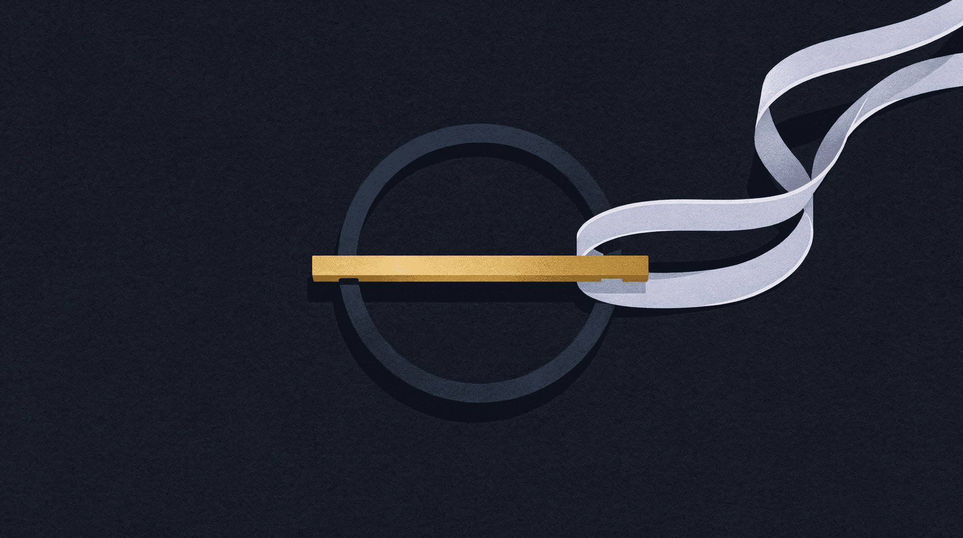 An abstract illustration features a golden bar intersecting a dark grey ring on a textured black background, with a white ribbon looping around the bar and extending off-frame.