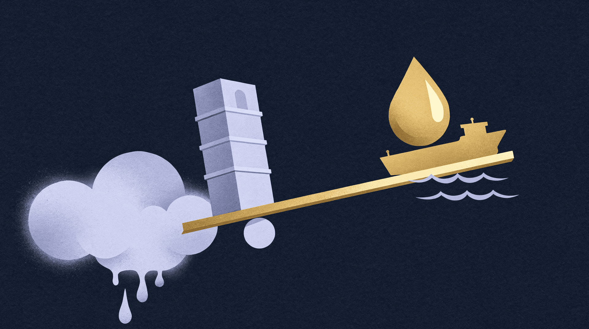 Illustration showing a balancing scale. On one side, a building resembling the Fed leans on a cloud dropping rain. On the other, a golden oil tanker floats in water, carrying a large golden oil droplet.