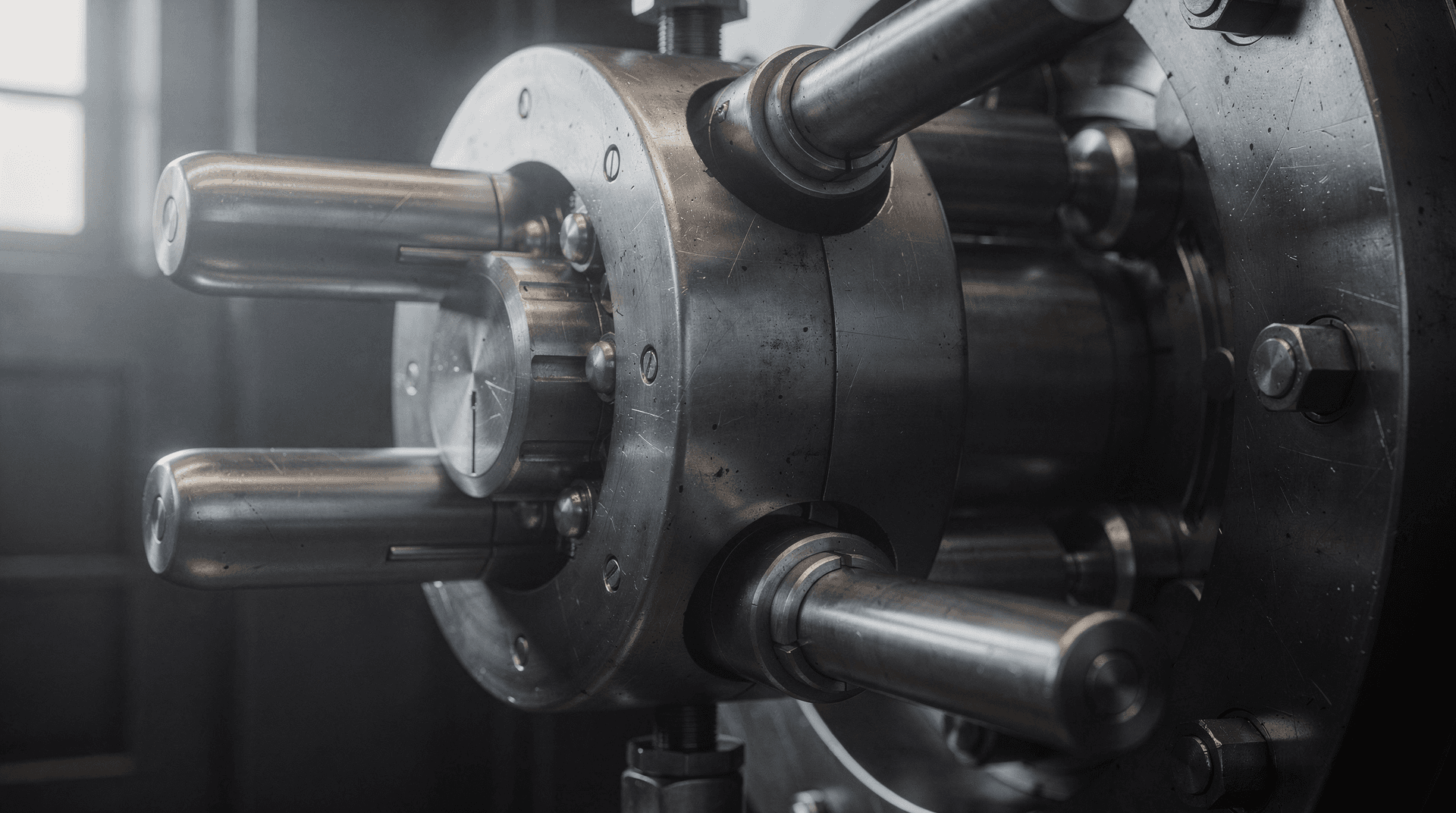 Close-up of a sturdy, metallic vault door locking mechanism with multiple bolts and a central dial.