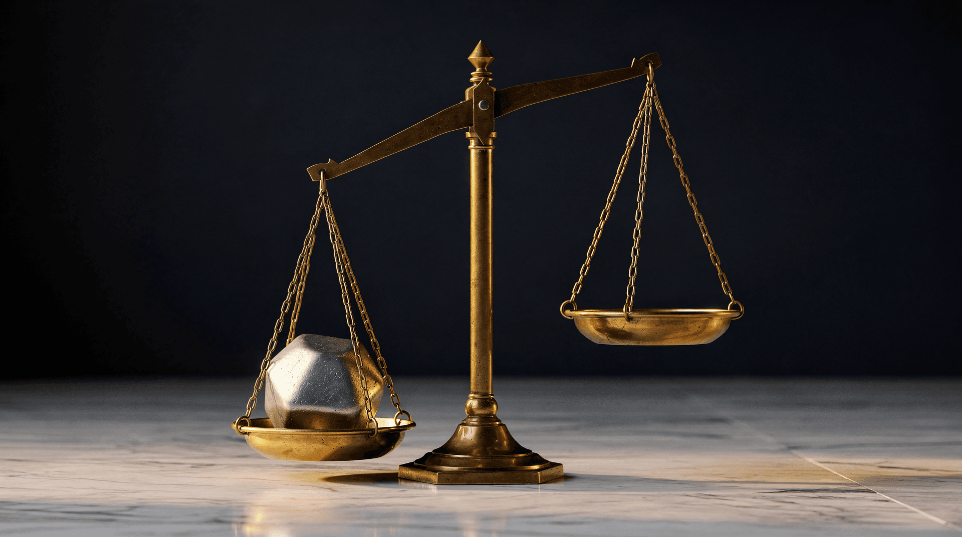 A brass two-pan balance scale in low-key light with one pan weighted low and the other empty and high