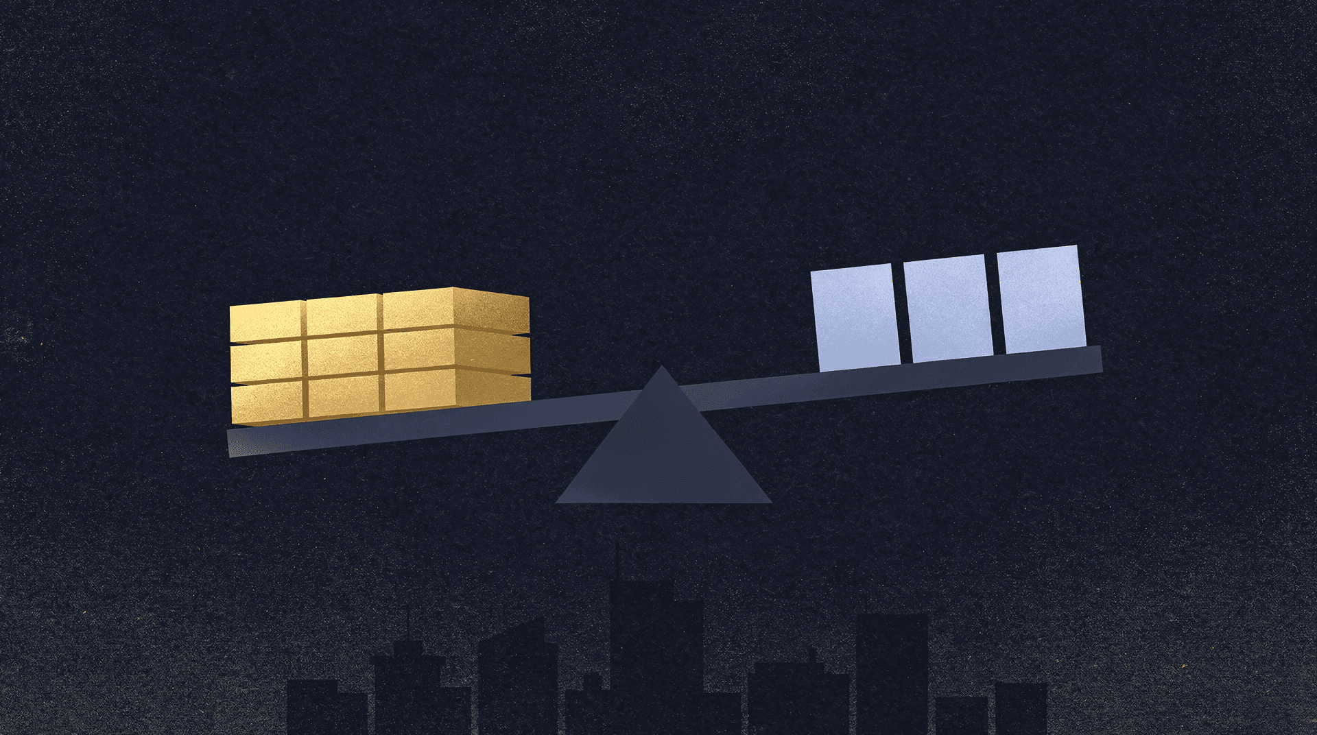 A stylized illustration of a dark blue seesaw with a large stack of gold ingots on the left side, outweighing three small silver blocks on the right side. The seesaw pivots on a dark blue triangular fulcrum, with a dark silhouette of a city skyline below.