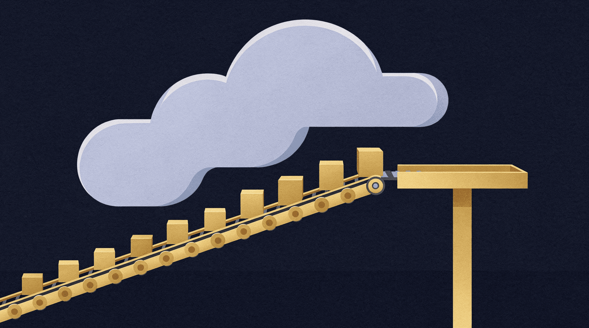A stylized illustration of a golden conveyor belt carrying golden rectangular blocks upwards, moving under a large grey cloud.