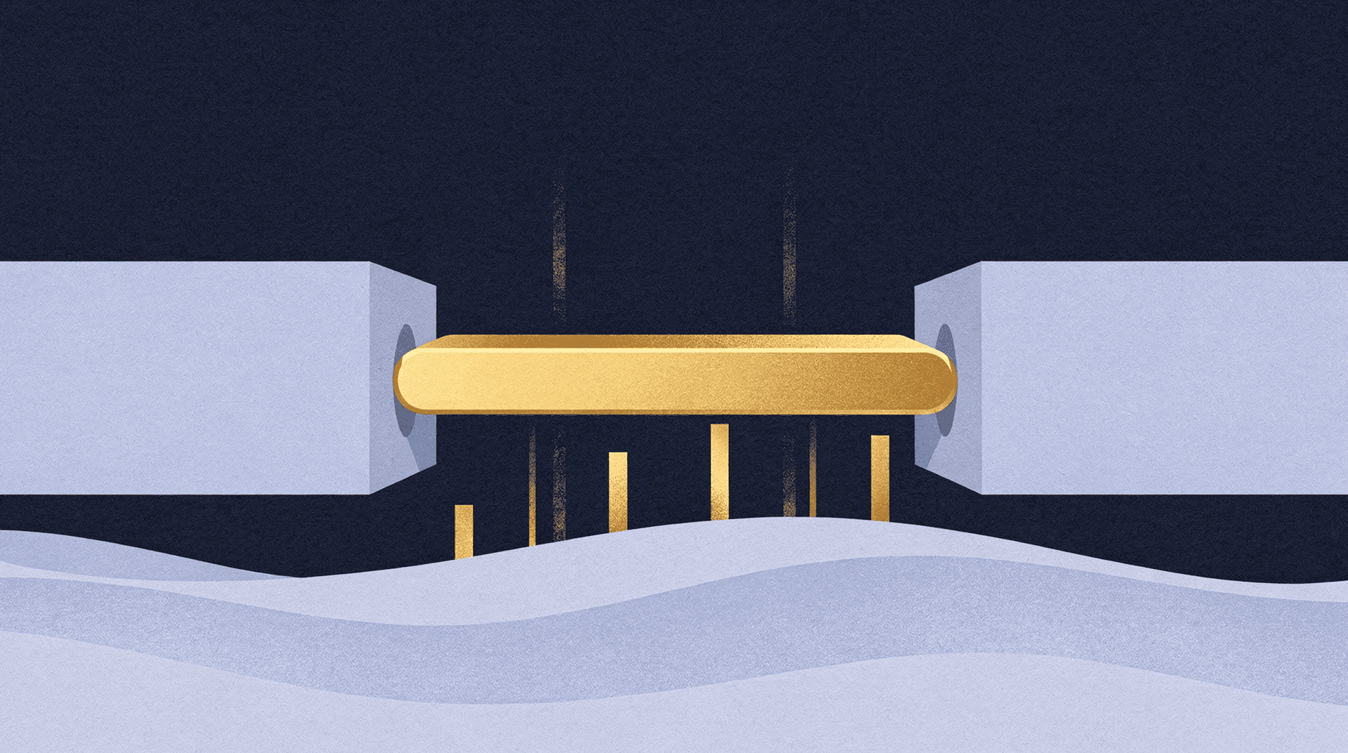 Stylized illustration of a gold bar being ejected from between two gray blocks, with smaller gold bars rising from a wavy blue surface below.