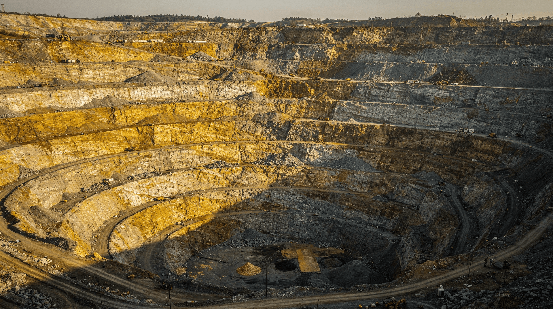 An aerial view of a massive open-pit gold mine, showing terraced layers of rock and earth, with some areas gleaming golden.