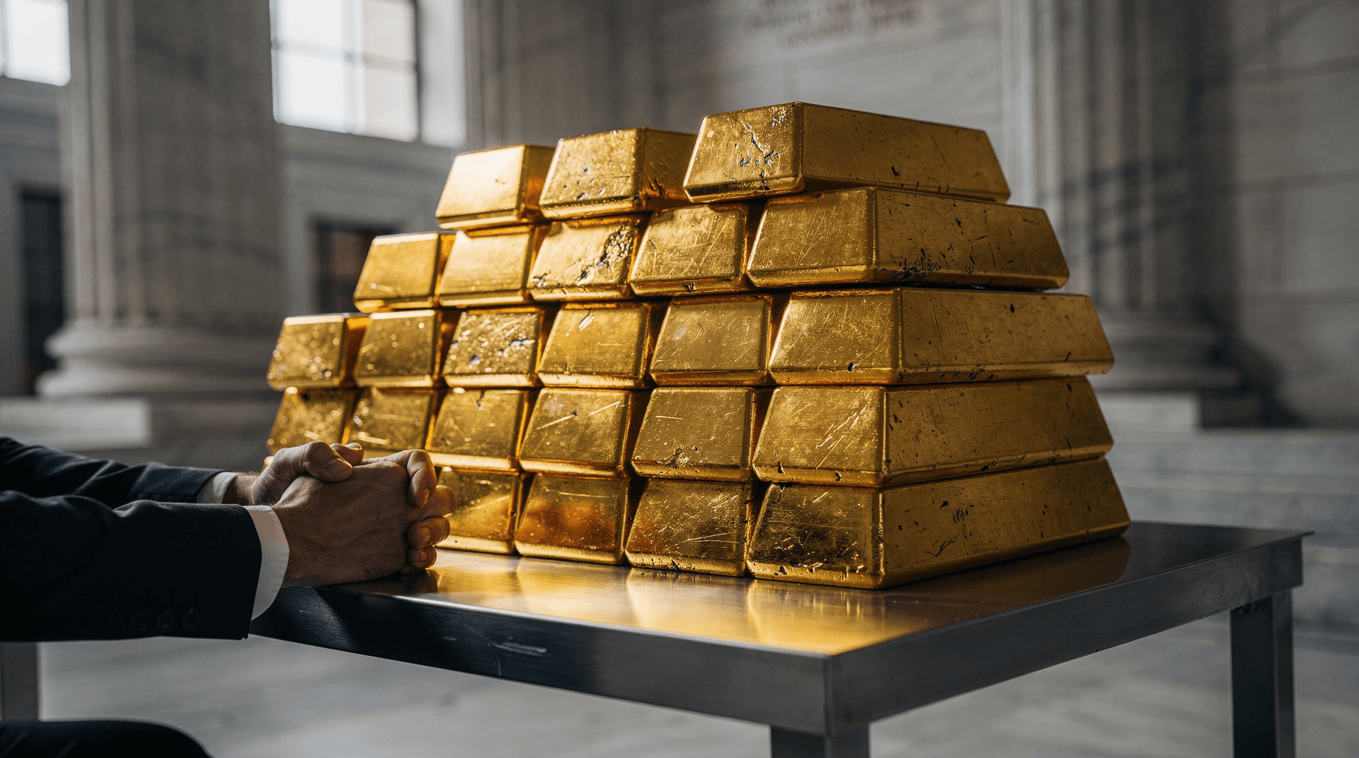 A man's hands clasped in the foreground, with a large stack of gold bars on a table in front of him, inside a grand building.