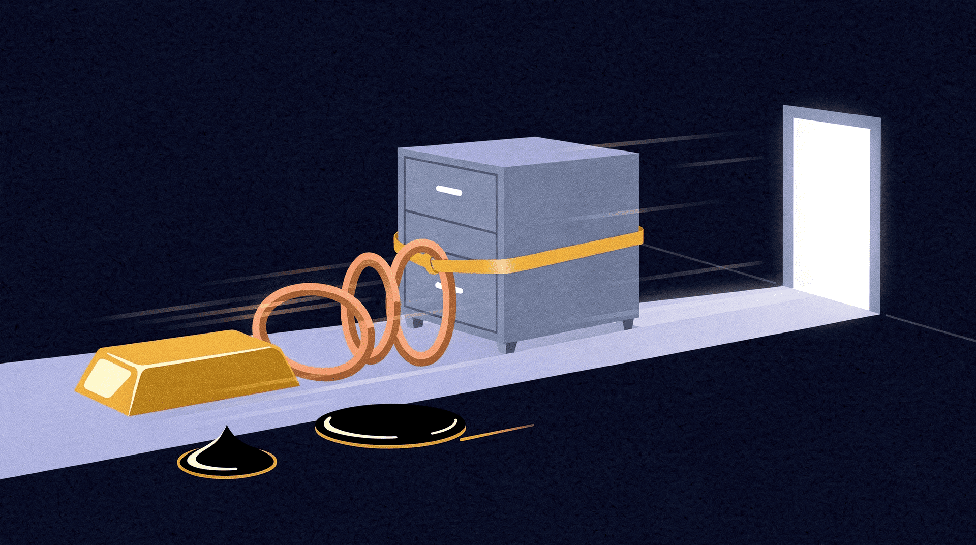 Illustration depicting a gold bar, copper rings, and oil blobs, with copper rings tied to a file cabinet moving towards an open door.